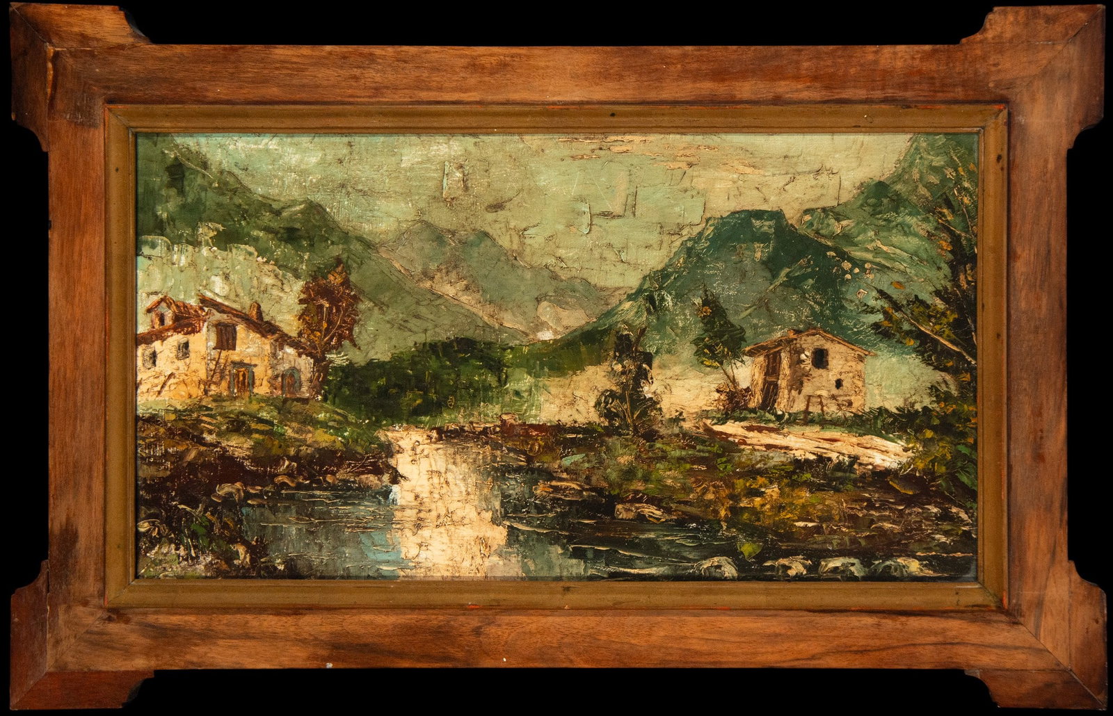 Impressionist Village with Farmhouse, Basque School of the 20th Century: Measurements: 59 cm x 30 cm / 76 cm x 47 cm