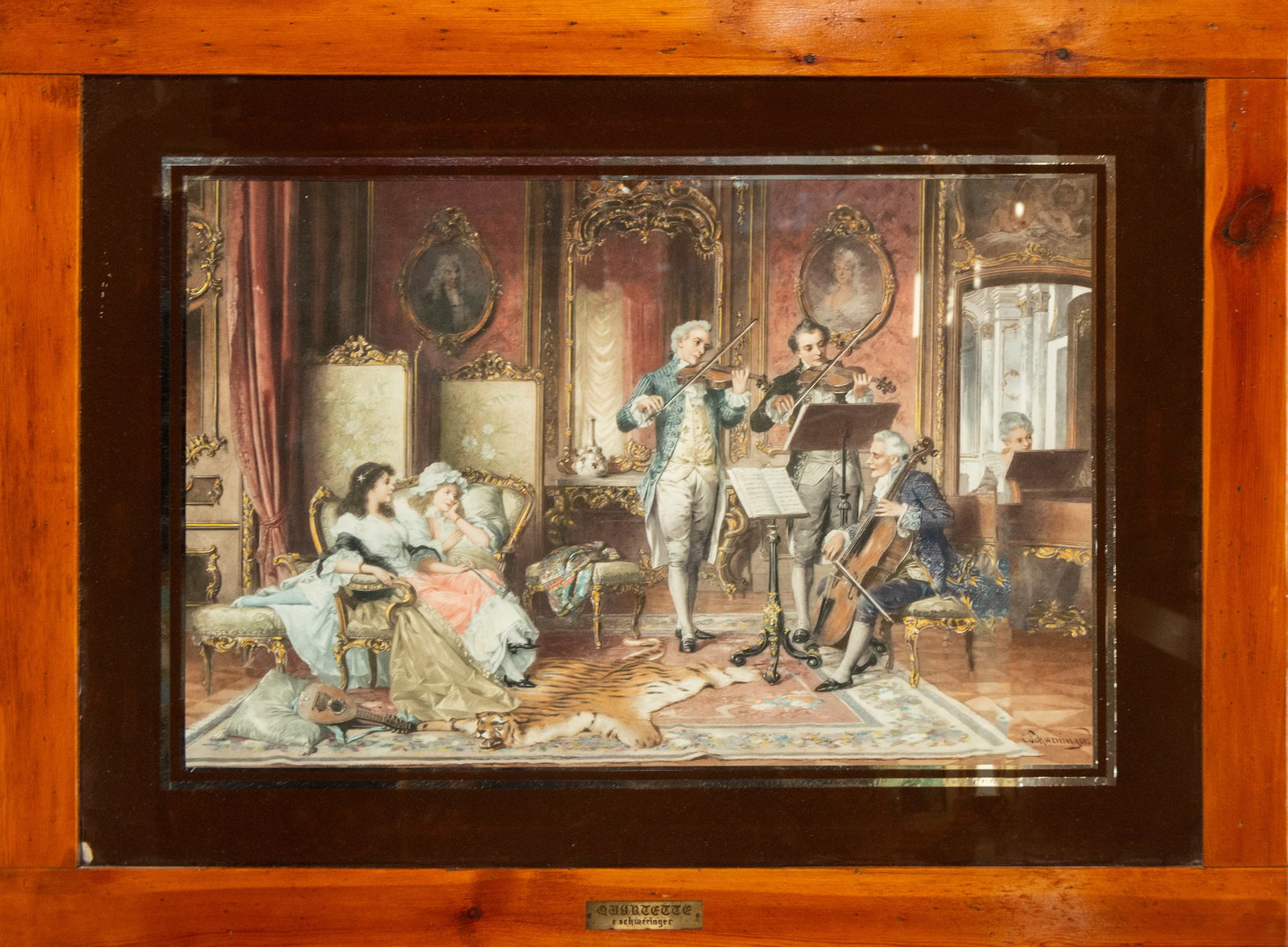 The Music Lesson - C. Schweringer. European School. 19th Century.: Watercolor on paper. Measures 64 x 44 cm. Interior scene with a group of musicians playing stringed instruments in a period drawing room, while two ladies listen attentively. The composition, with its