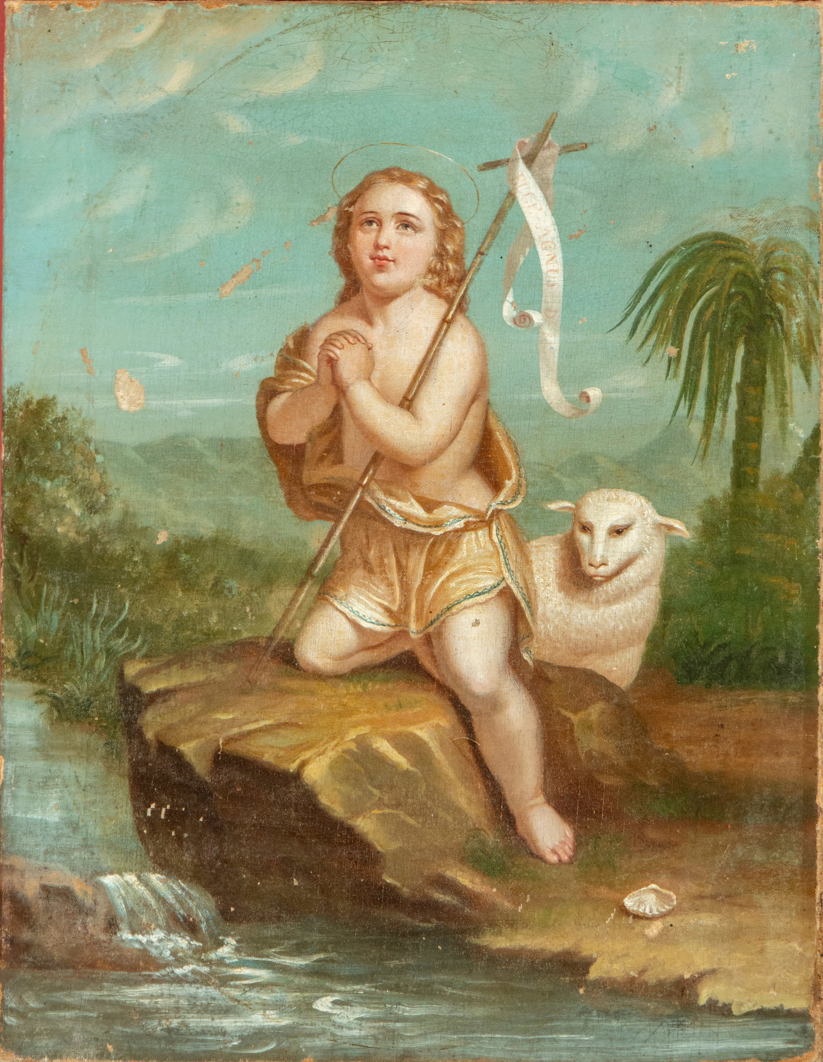 San Juanito. Spanish School. 18th Century.: Oil on canvas. Measures 48 x 36 cm. Depiction of Saint John the Baptist kneeling beside the Lamb of God, with a landscape in the background. The soft tones and delicate modeling of the flesh tones cre