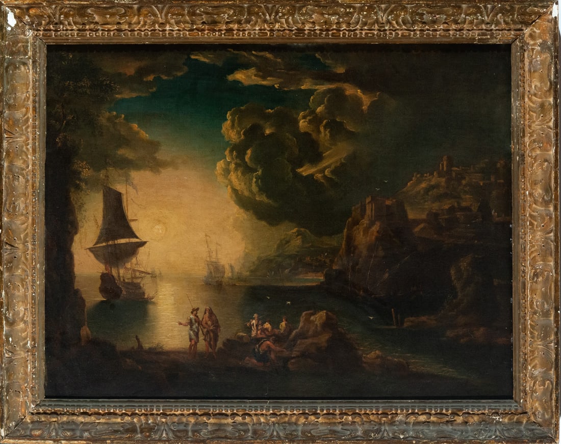 View of Characters on a Cliff, manner of Francesco Guardi, Italian school of the end of the 18th: Canvas measures 98 x 75 cm. Framed measurements: 110 x 87 cm. Origin: Spanish private collection.