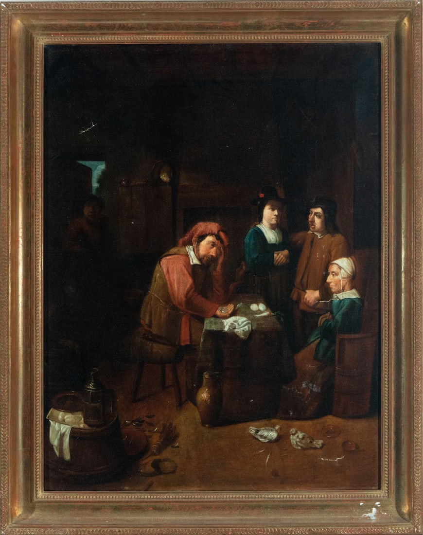 "The Lenders", 18th century Dutch school: Canvas measures 69 x 52 cm, framed measures: 82 x 63 cm