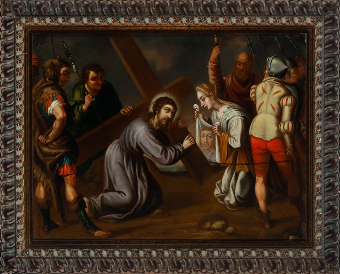 Christ on the way to Calvary and Saint Veronica with the Shroud, Bolognese school of the 17th: Oil on canvas. Canvas measures 180 x 60 cm, framed measures: 90 x 80 cm