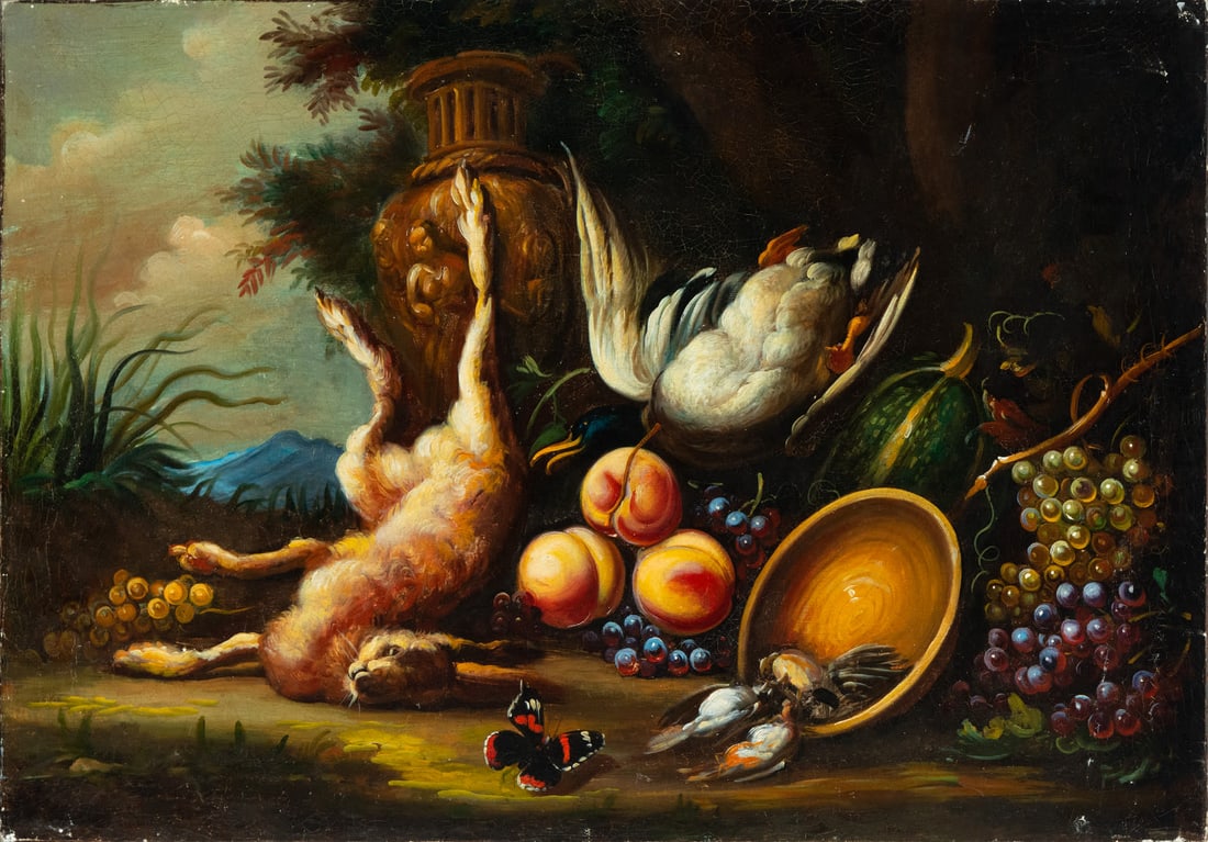 Hunting still life, Italian school of filans of the 19th century: Oil on canvas. Canvas measures 101 x 70 cm