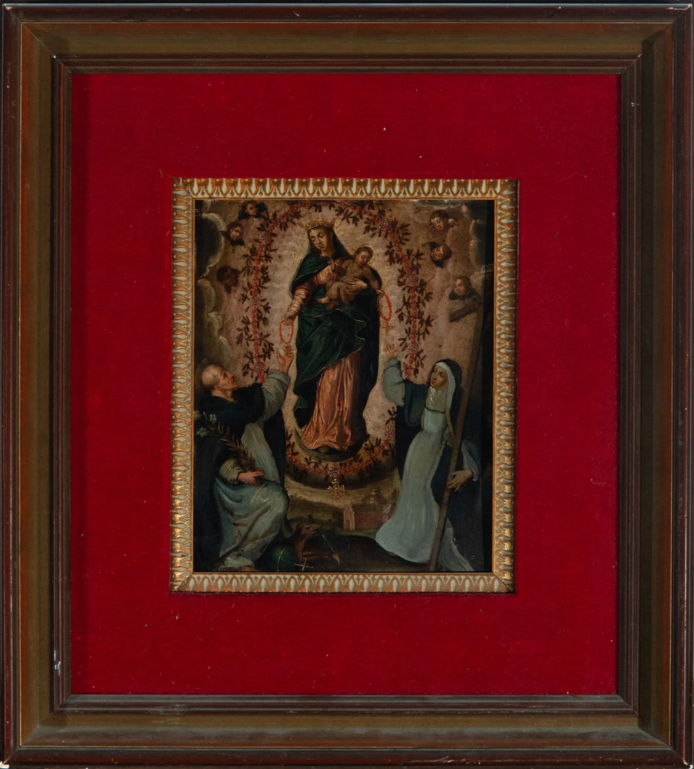 The Virgin delivering the Rosary to St Dominicus and St Therese, Hispanic Flemish school of the 16th: Oil on canvas. Canvas measures 24 x 20 cm. Framed measurements: 46 x 41 cm