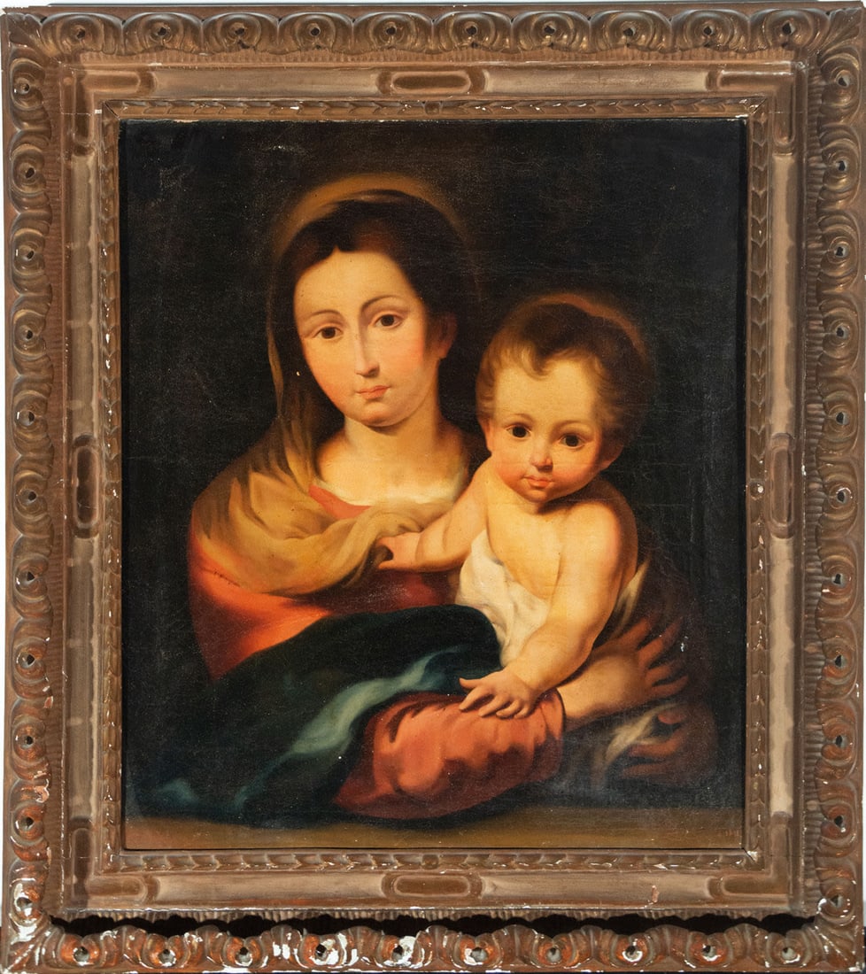 Virgin with Child, follower of Bartolomé Esteban Murillo, Sevillian school of the 18th century: Oil on canvas, 70 x 60 cm. Framed measurements: 90 x 80 cm