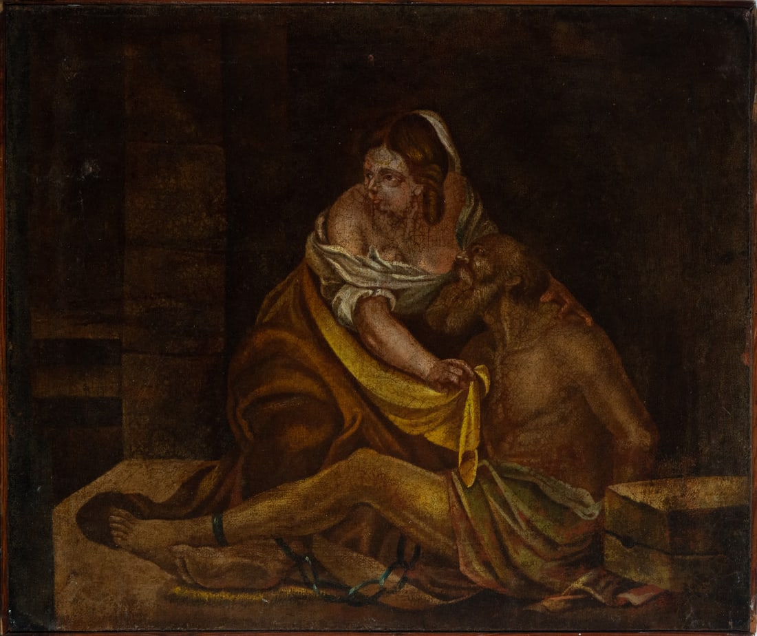 Roman Charity, 17th century Italian school: Oil on canvas. Canvas measures 67 x 57 cm