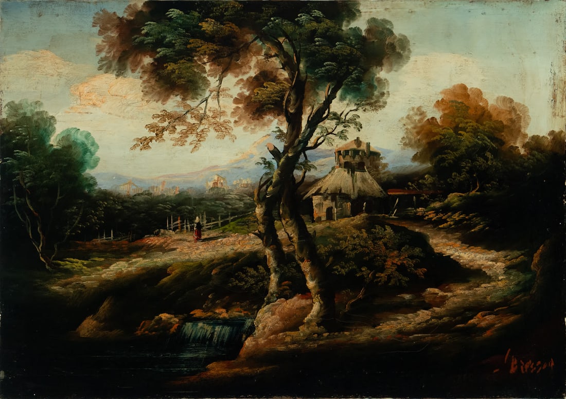 Peasant next to Fortress, Central European school of the 19th century, signed: Oil on canvas. Canvas measures 62 x 47 cm. Framed measurements: 80 x 63 cm