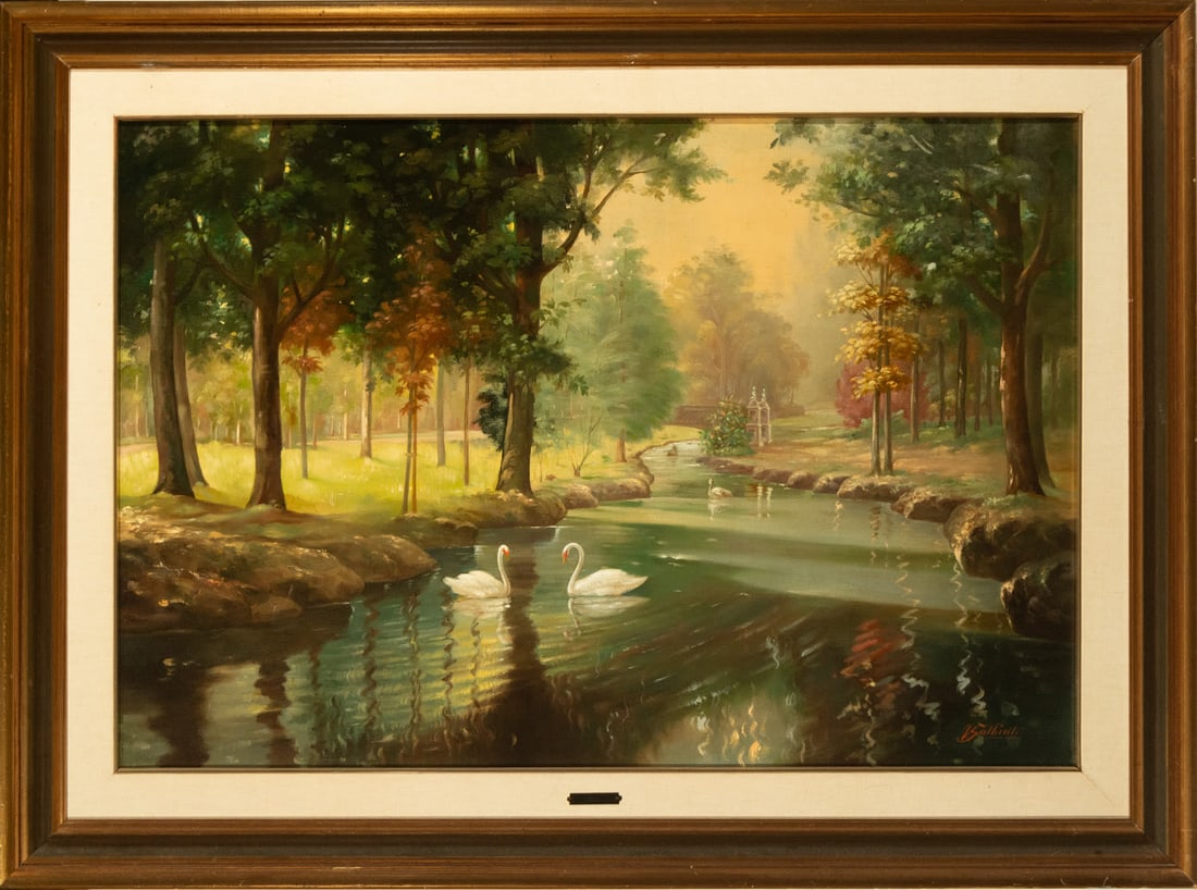 Romantic Garden with Swans, Giacinto Galbiati (1908-1992), 20th century Italian school: Giacinto Galbiati is an artist born in Italy in 1908 and died in 1992. Oil on canvas, measures: 90 x 61, framed measures: 109 x 80 cm