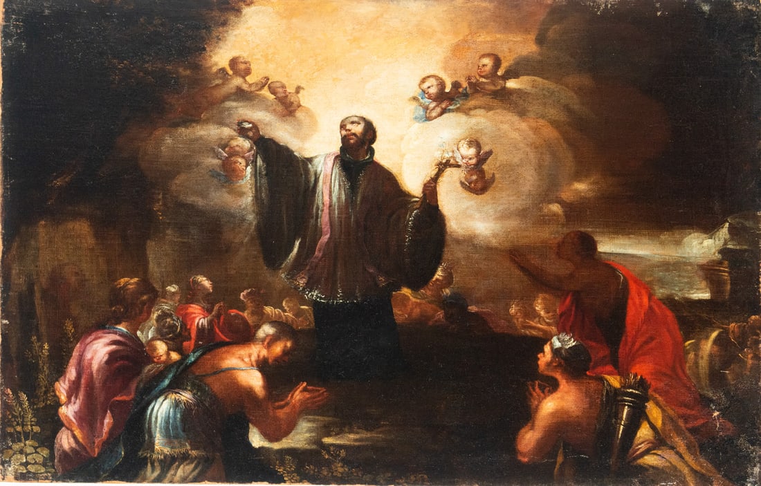 Saint Francis Xavier Preaching, Italy, Bolognese school of the 17th century: Oil on canvas glued to board. Measurements: 78 x 60 cm