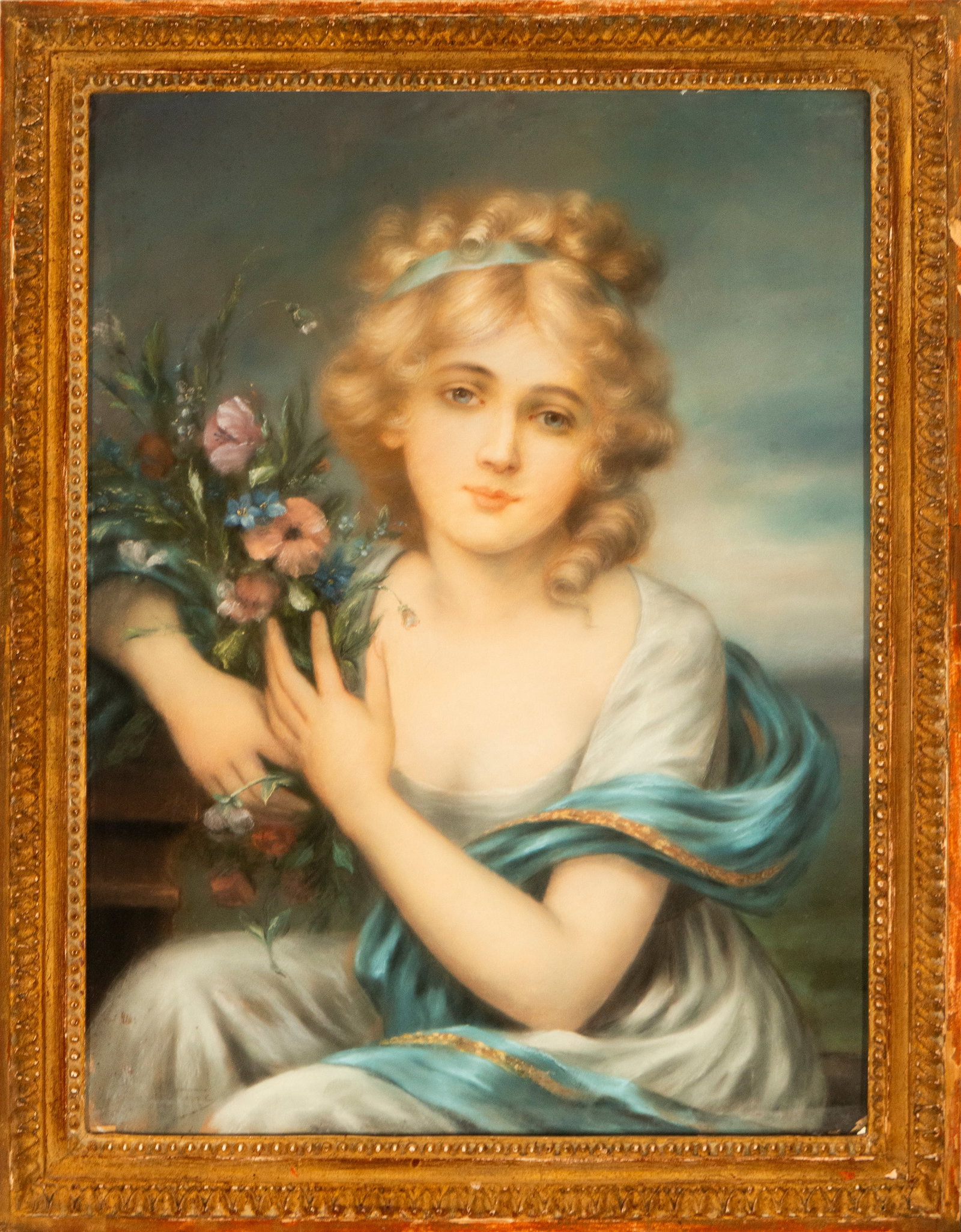 Portrait of a young man with flowers. French school. 19th century.: Oil on canvas. Dimensions: 64 x 50 cm unframed, 74 x 59 cm framed. Half-length portrait of a young woman with curly blonde hair and a delicate face, posing in a melancholic pose with a bouquet of wild