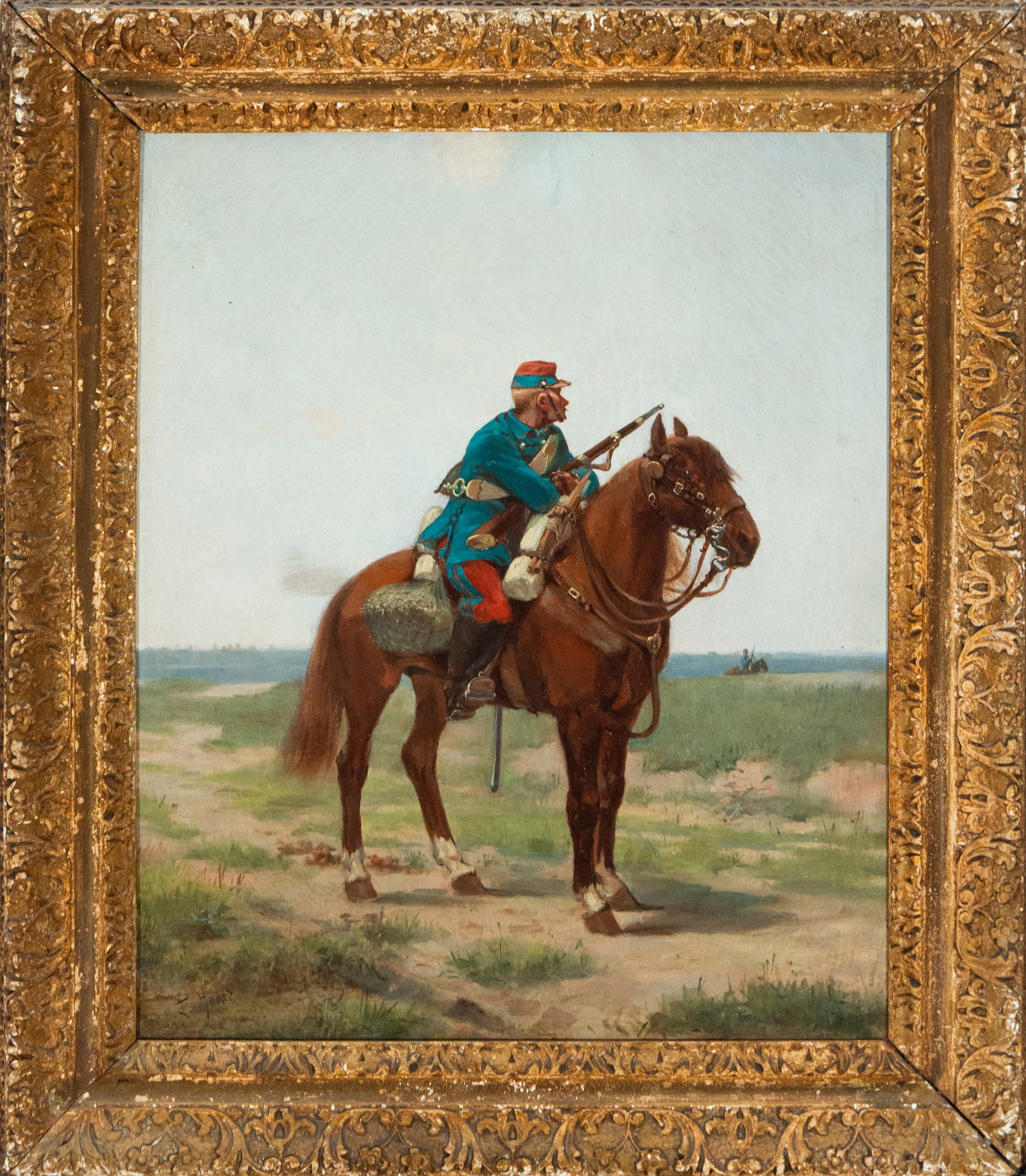 ENRIQUE GÓMEZ MART?N (Seville, 19th century) Mounted Officer: Oil on canvas. Measurements: 60 x 50 cm without frame, 76 x 68 cm with frame.