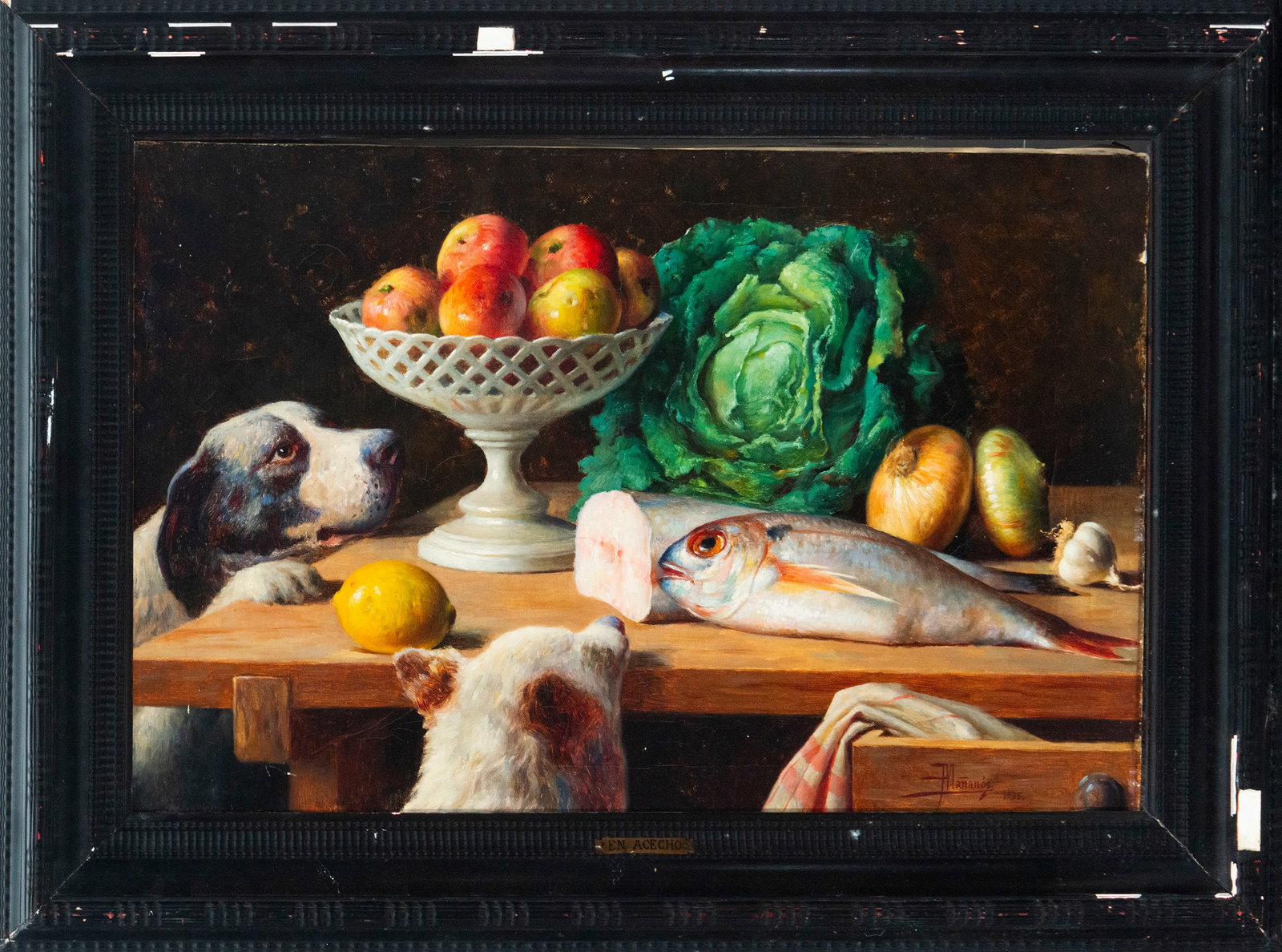 Still life with dogs and food. Signed. European school. 19th century.: Oil on canvas. Dimensions: 75 x 46 cm unframed, 94 x 76 cm framed. This vibrant still life is arranged on a wooden table laden with various foodstuffs: fruit in a perforated goblet, a fish in the fore