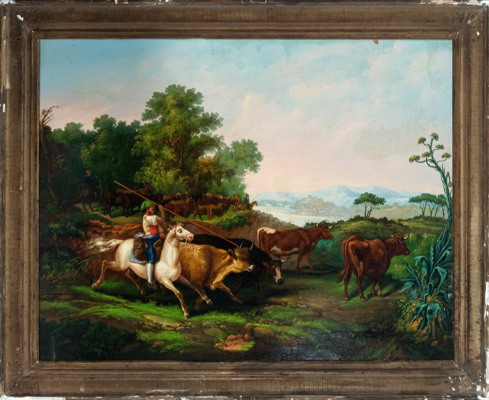 Muleteer on horseback guiding cattle. Portuguese school - 19th century.: Oil on canvas. Measurements: 93 x 70 cm (without frame), 112 x 85 cm (with frame).