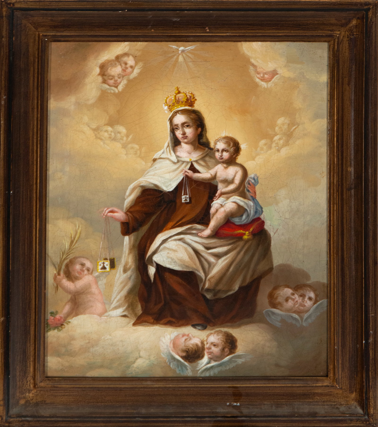 Our Lady of Mount Carmel with Child. Aragonese School - 18th Century.: Oil on copper. Measurements: 40 x 33 cm (without frame), 51 x 44 cm (with frame).