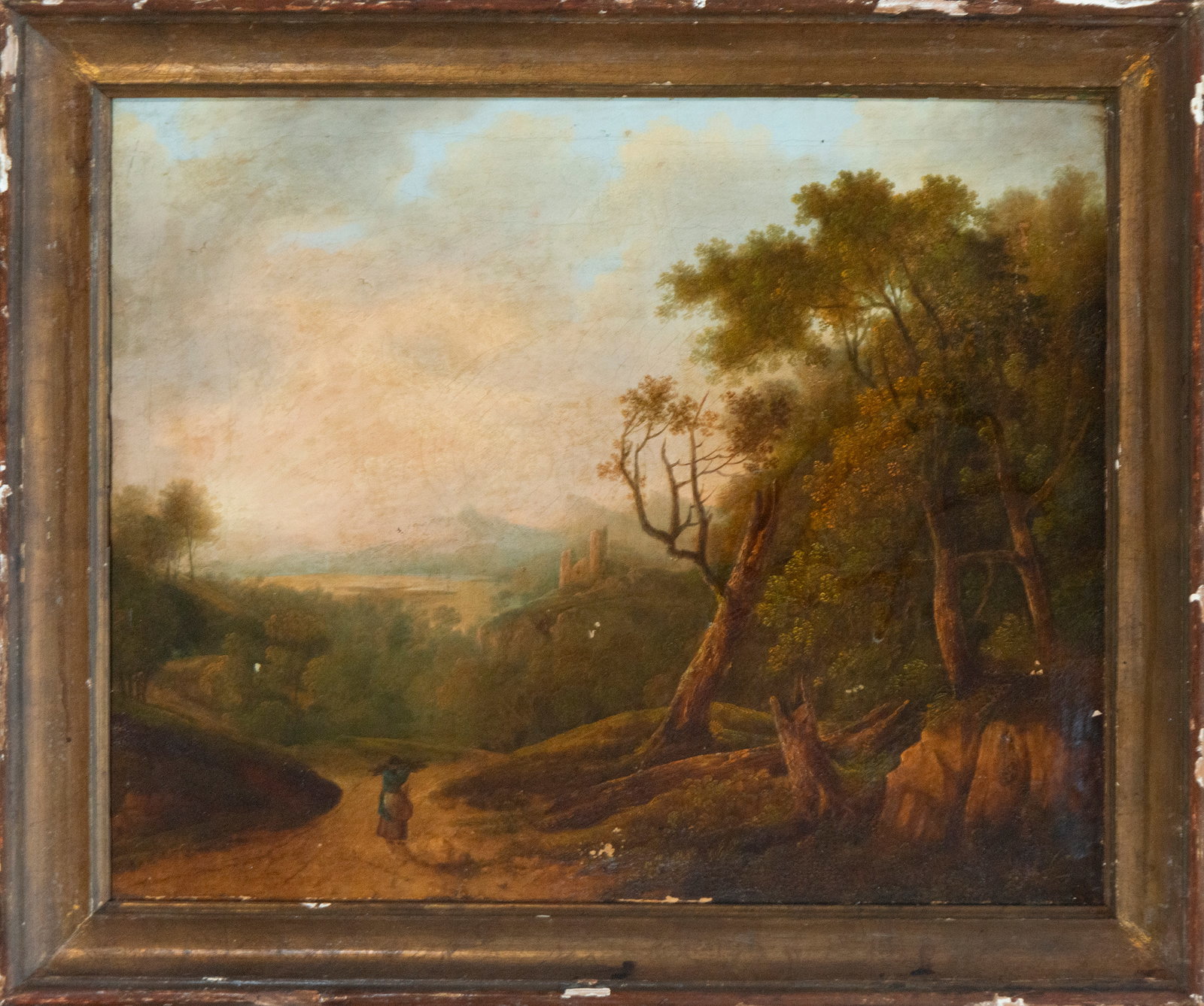 Landscape with female figure on a path. German Romantic school. 18th century: Oil on canvas. Measurements: 51 x 41 cm without frame, 60 x 50 cm
