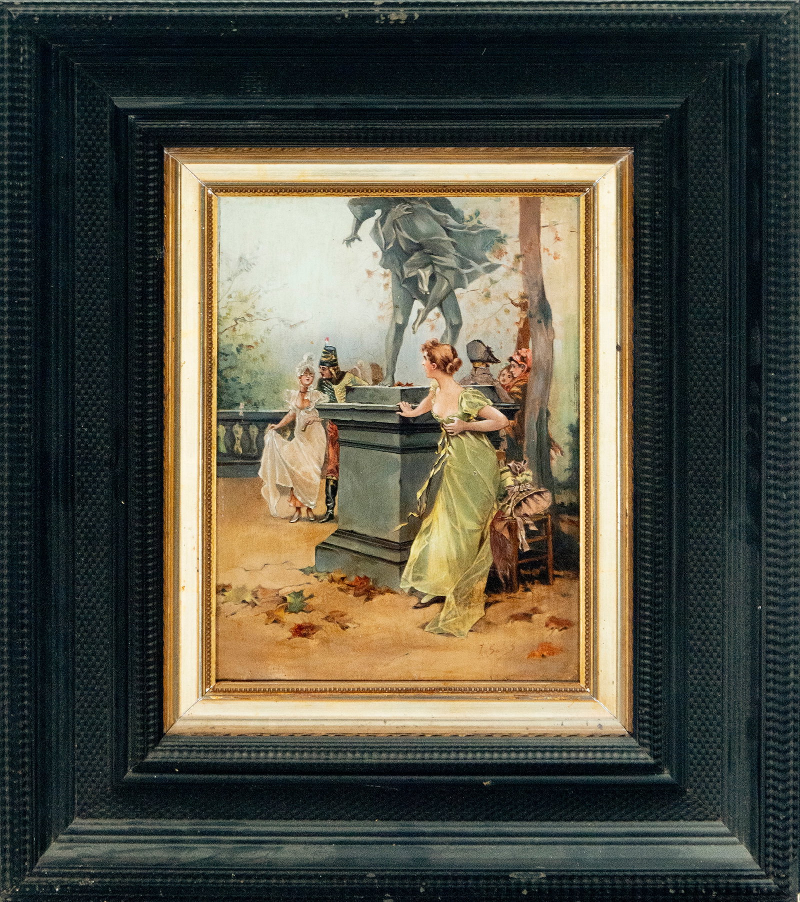 Gallant scene next to a sculpture. J. Salas, Romantic School of the 19th century.: Oil on panel. Measurements: 36 x 25 cm without frame, 62 x 52 cm with frame.