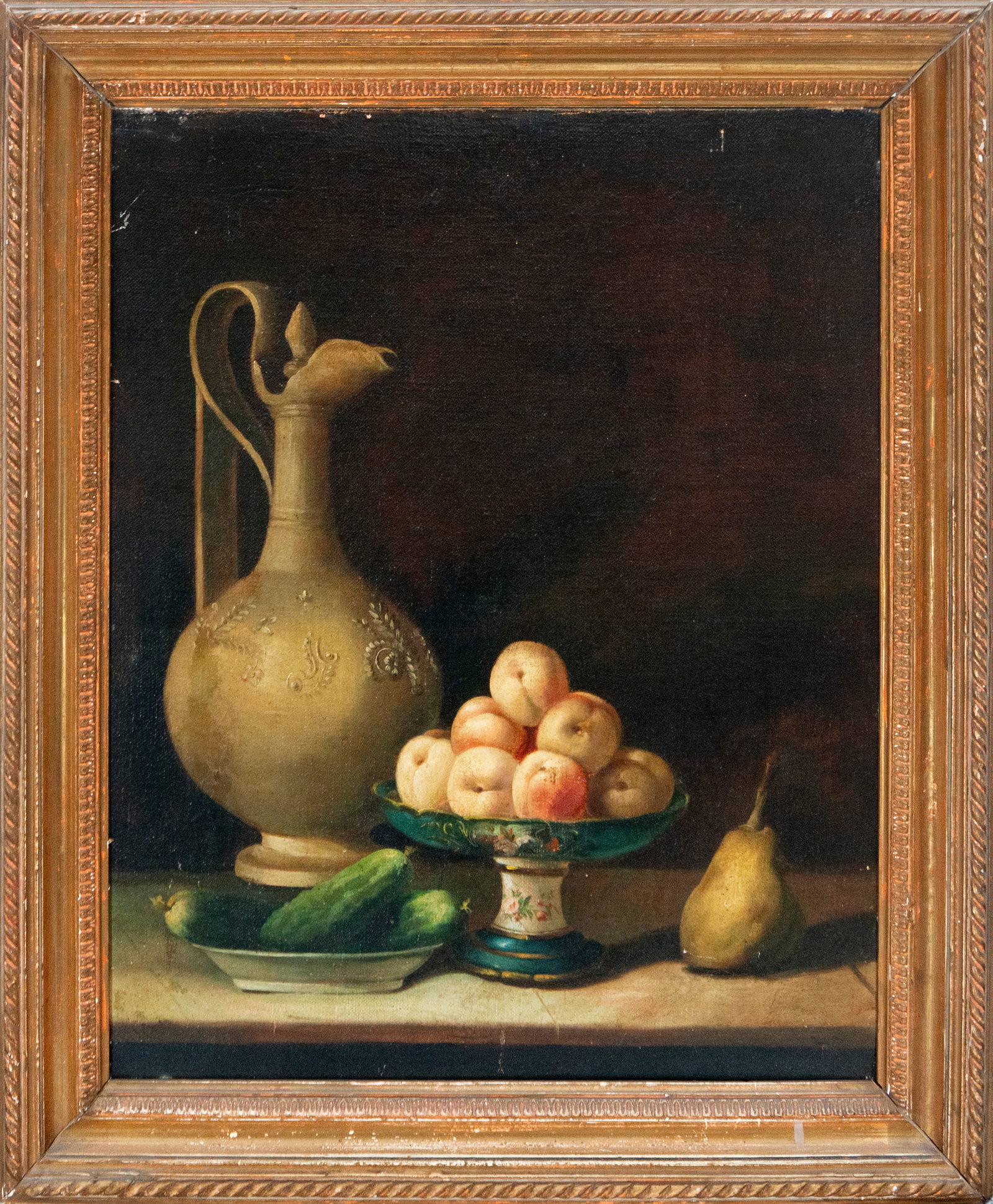 Still life with fruit bowl, jug and fruit - 19th century.: Oil on canvas. Measurements: 66 x 51 cm without frame, 79 x 65 cm