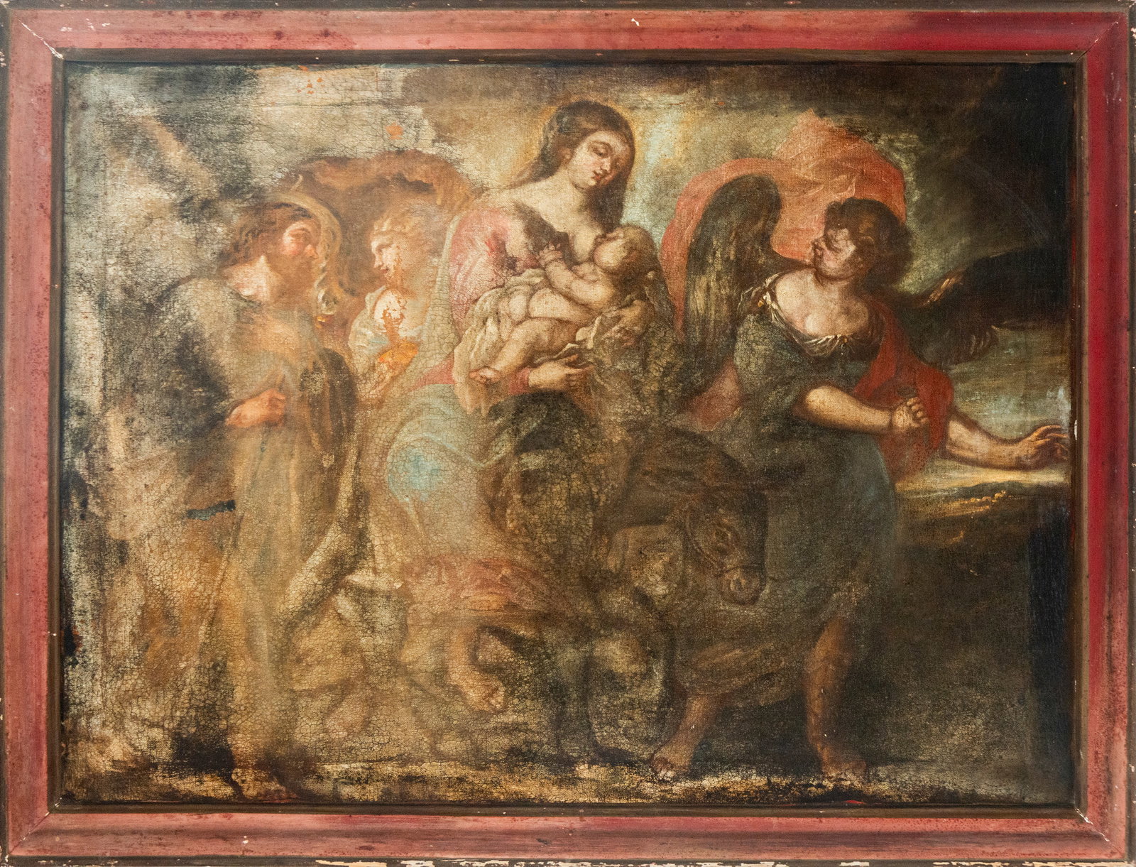 Flight to Egypt with an Angel. Viceroyalty School. 18th Century.: Oil on canvas. Measurements: 99 x 72 cm without frame, 101 x 82 cm