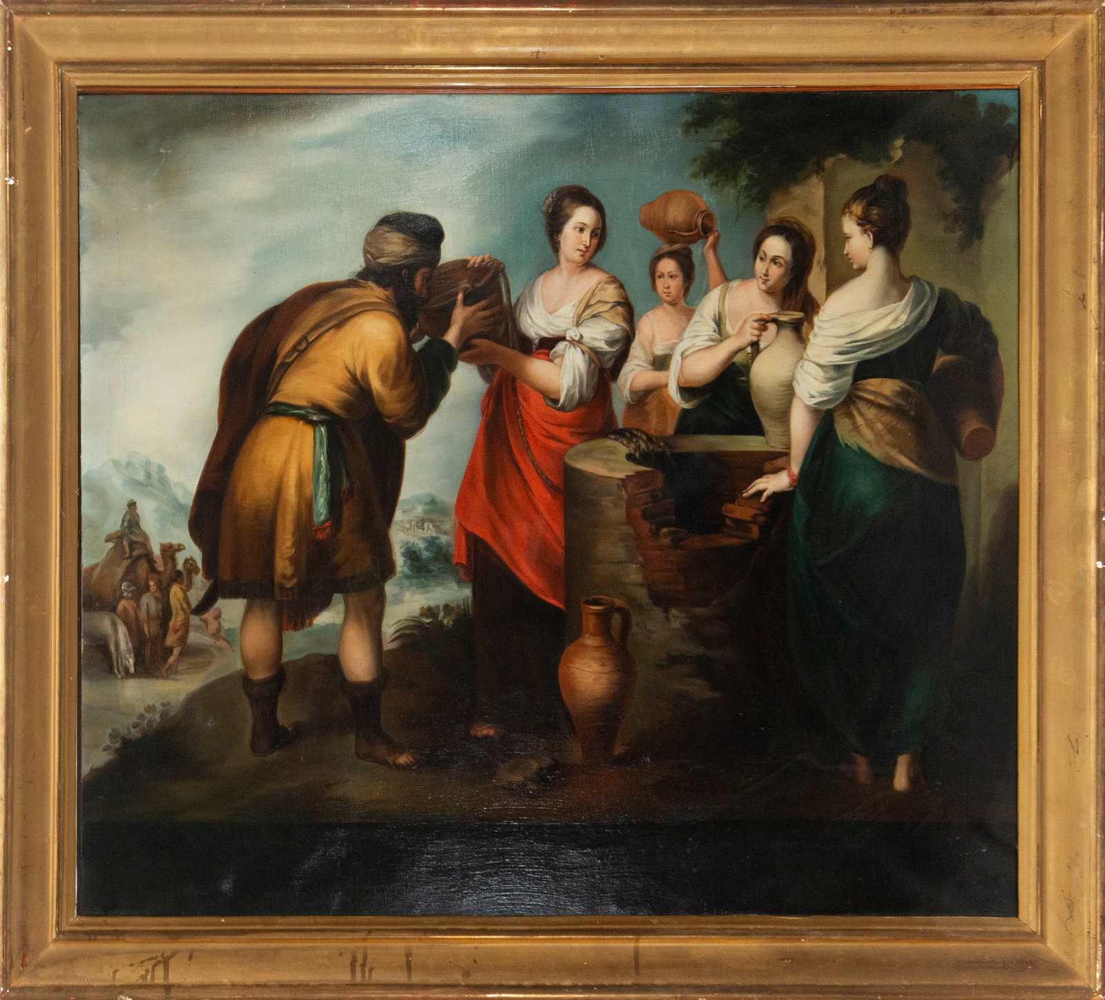 ACCORDING TO BARTOLOMÉ ESTEBAN MURILLO 19th Century.: Oil on canvas. Dimensions: 99 x 85 cm unframed, 82 x 72 cm framed. A genre scene with historical inspiration, depicting several women, dressed in colorful, classical garments, interacting around a sto