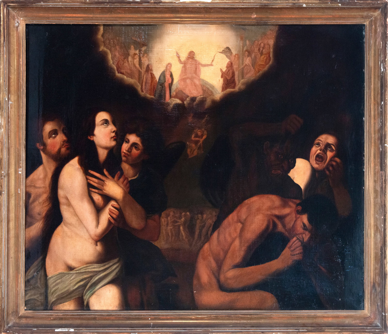 Last Judgment. New Spanish Baroque School. 18th Century: Oil on canvas. Dimensions: 121 x 100 cm and 136 x 115 cm. The scene depicts the Last Judgment with a theatrical and dual composition: on the left, the righteous, guided by angels, ascend to celestial
