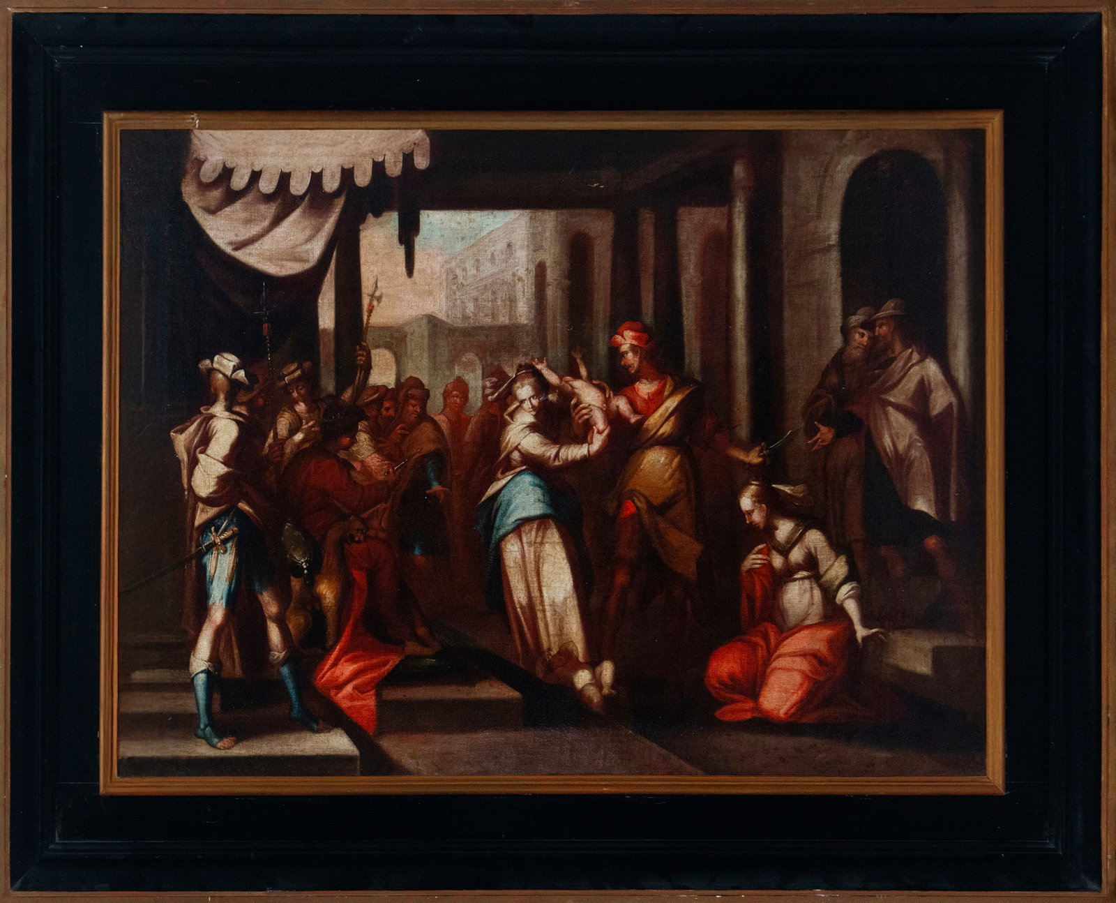 Christ before Caiaphas. Sevillian Baroque school. 17th century: Oil on canvas. Dimensions: 112 x 81 cm and 140 x 108 cm. The scene depicts Christ before the high priest Caiaphas, capturing the moment he is accused and rebuked by the crowd. The drama is concentrate