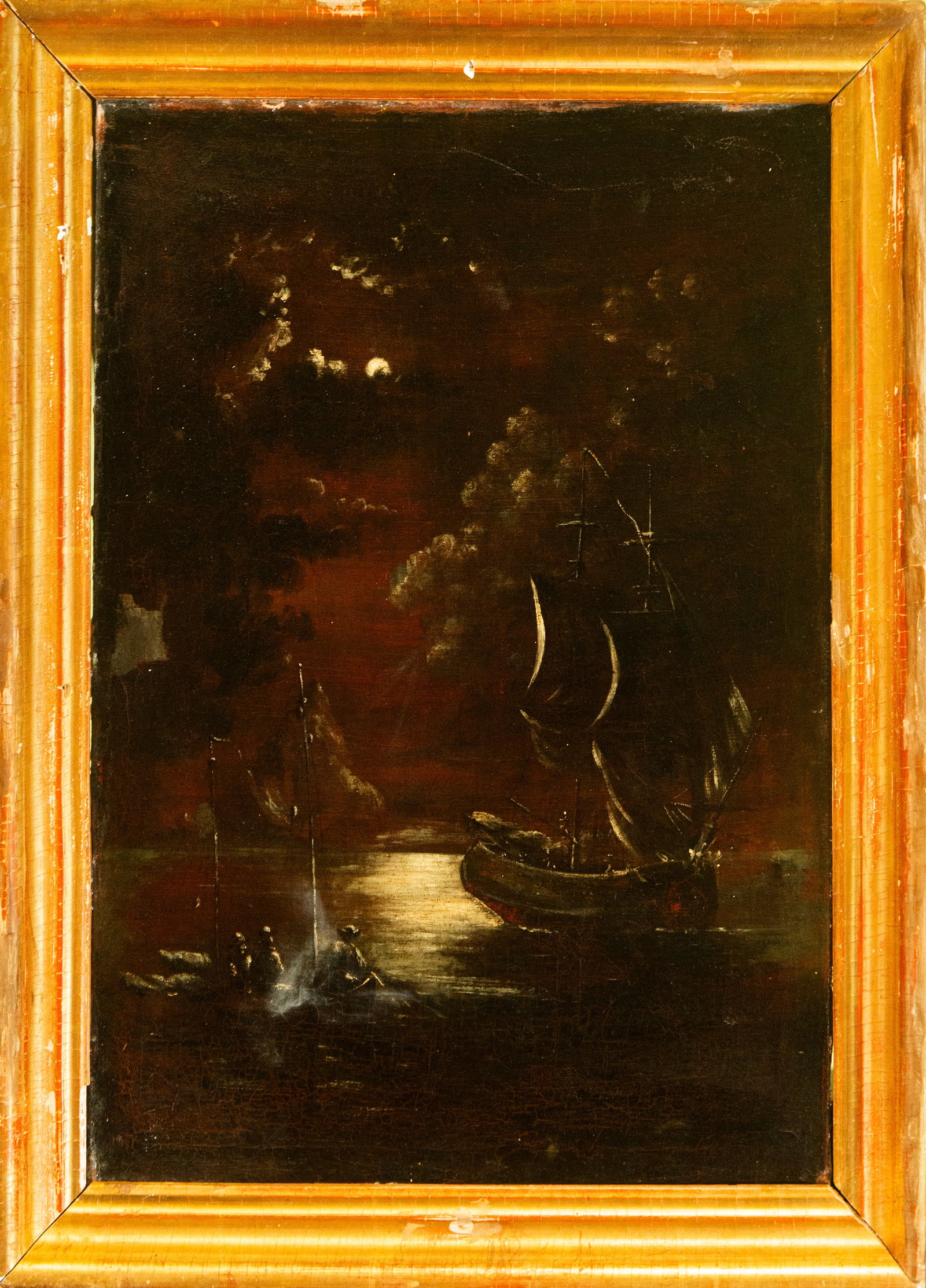 Nighttime marine scene with boats. Dutch School. 17th century.: Oil on canvas. Dimensions 83 × 64 cm. A night scene depicts a large sailing ship anchored in calm waters under a partially cloudy sky, illuminated by the moon. To the left, a small group of figures g