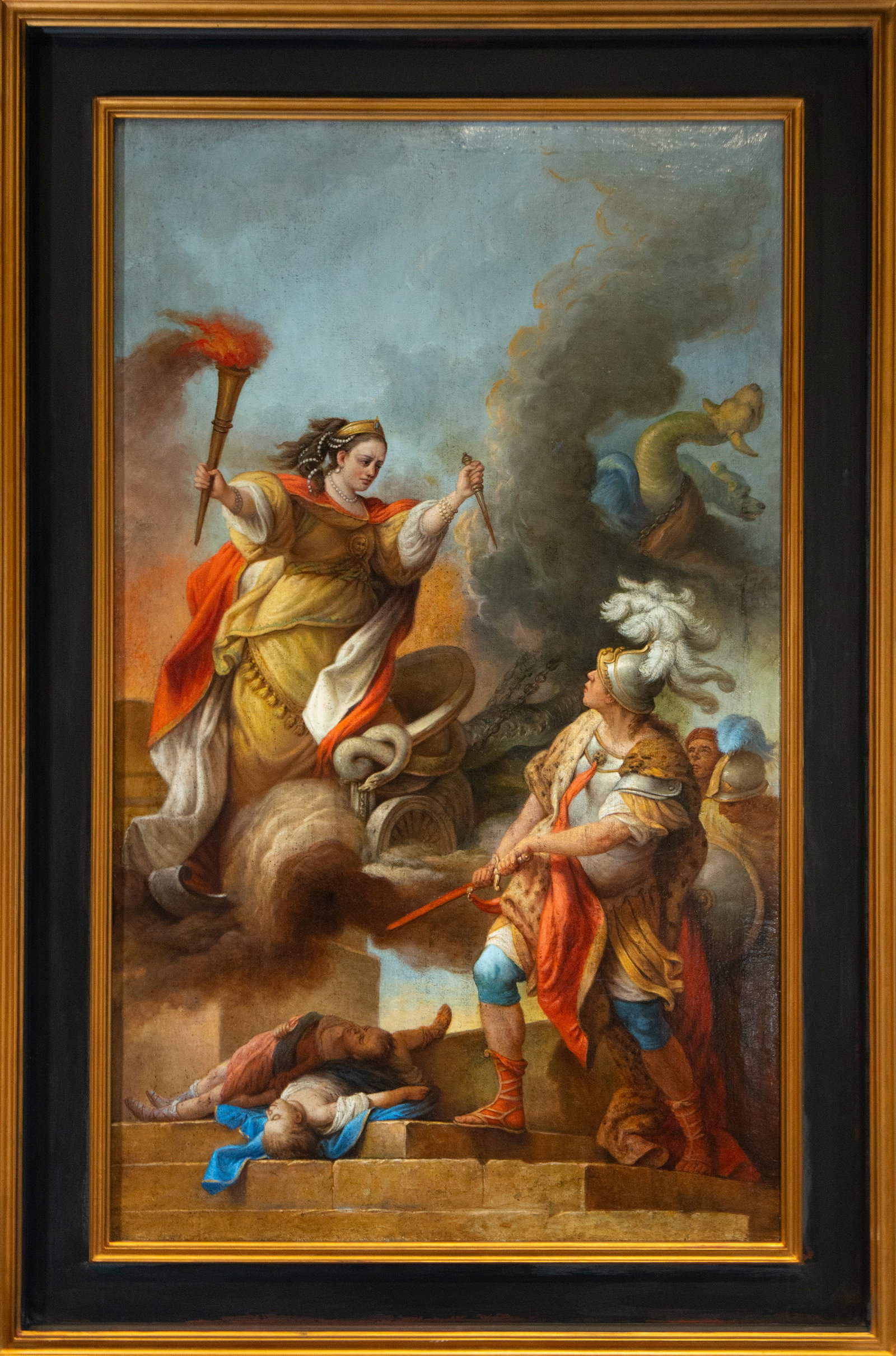 Allegory of Courage - Italian or Spanish Neoclassical Master to be identified - 18th Century.: Featured Lot - Measurements: 155 x 94 - 182 x 22 cm. Oil on canvas. In this complex allegorical composition, a winged female figure—possibly Virtue or Fame—descends enveloped in clouds, carrying a