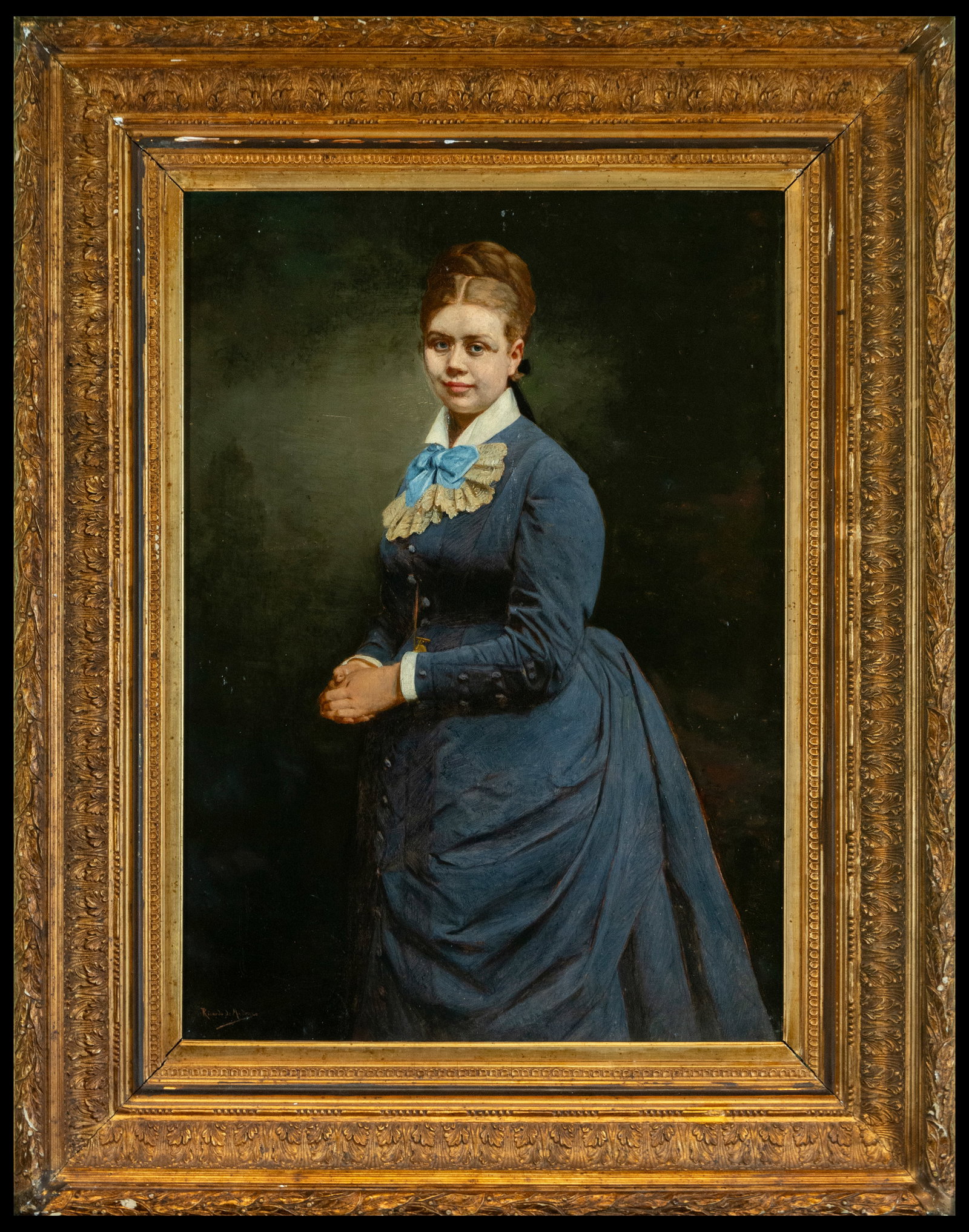Portrait of a Lady - French School, 19th Century: An elegant portrait of a lady, captured with refined technique and style typical of the French School of the 19th century. The female figure, dressed in a dark blue dress adorned with a blue bow at th