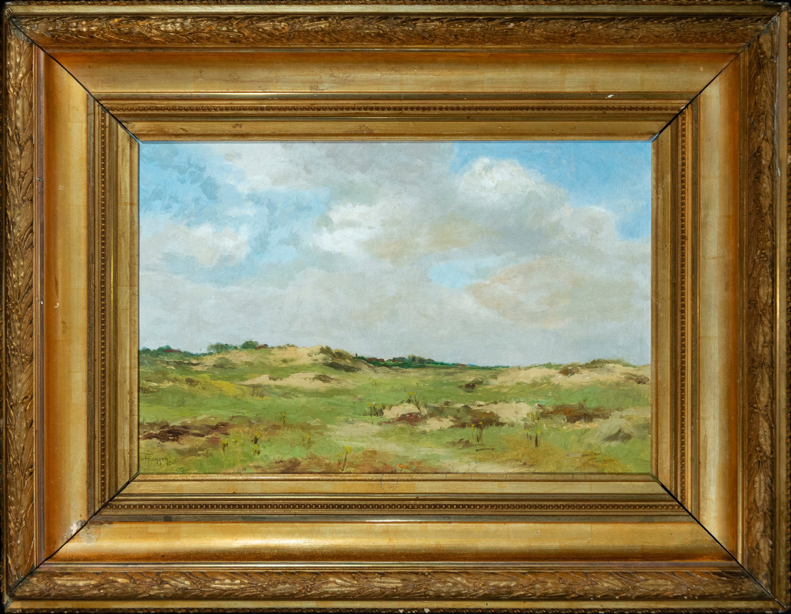 Oil landscape painting signed in the lower right corner T Hannon, English school 20th century: Measurements: 60 cm x 40 cm and 89 cm x 69 cm