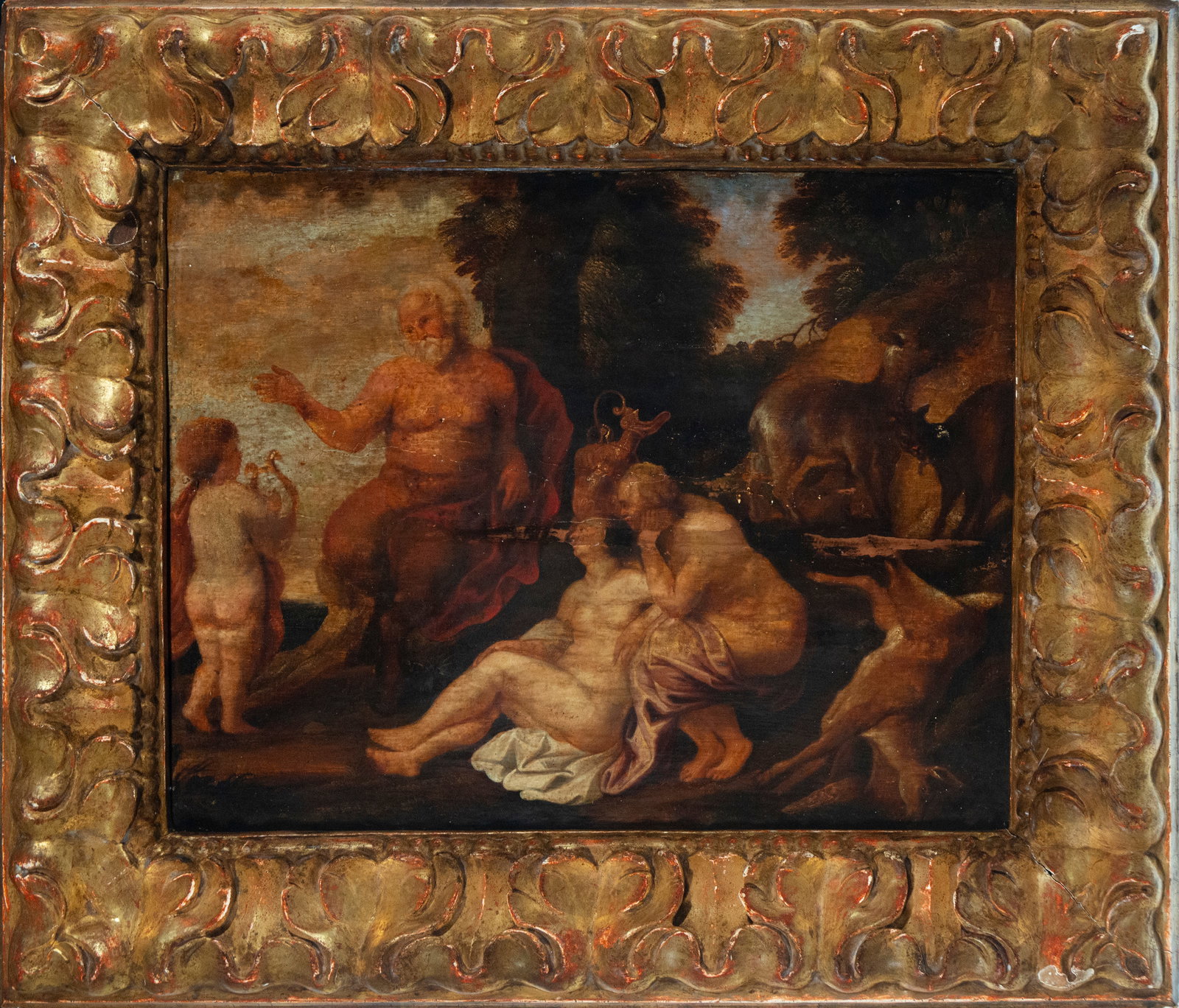 Oil painting on panel, mythological scene, 17th century: Measurements: 56 cm x 42 cm and 74 cm x 59 cm