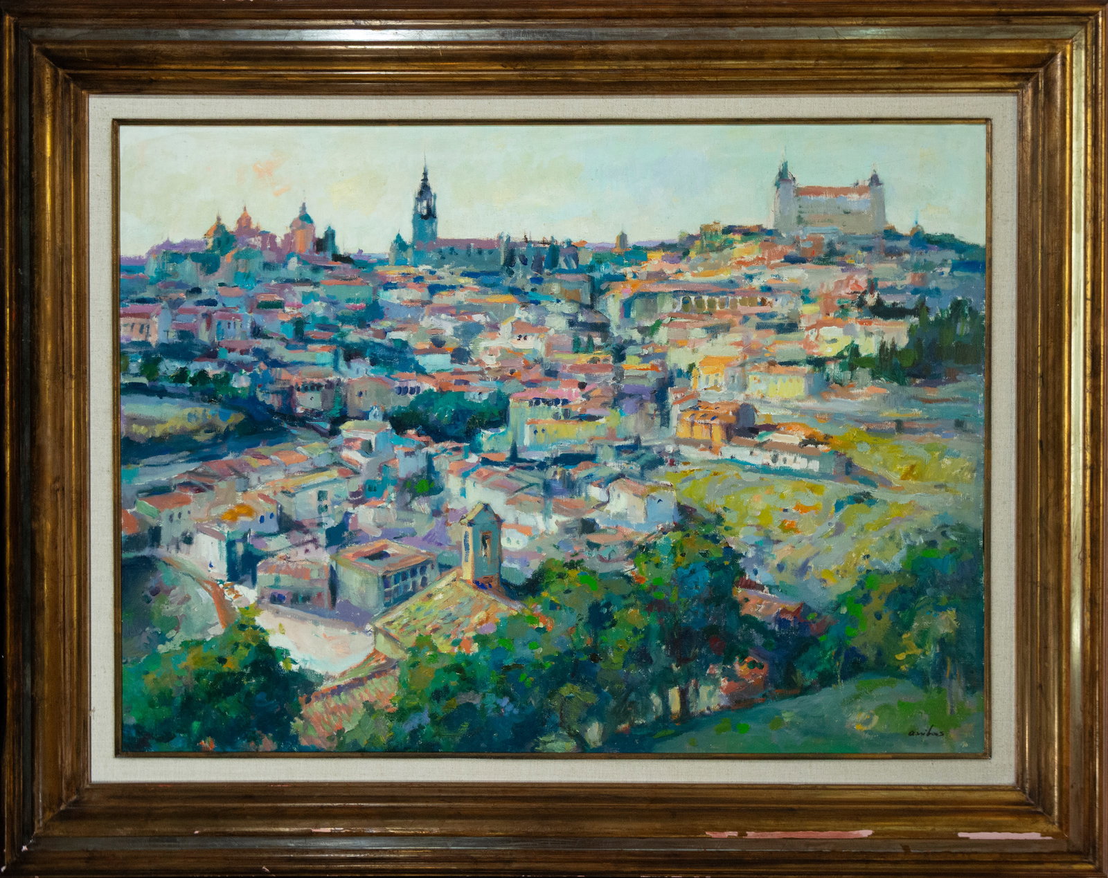 20th Century Spanish School - View of Toledo, signed "aribas": Measurements: 101 x 73.127 x 101 cm. Oil on canvas.