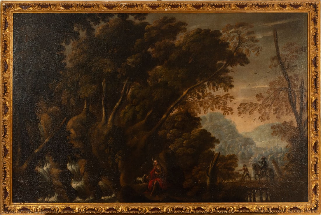 Saint John on Patmos, 17th century Flemish school, with important period frame: Oil on canvas. Measures: 165 x 109 cm, framed measures: 177 x 119 cm