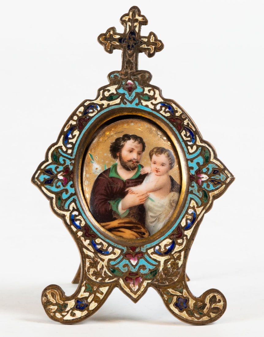 Gilded bronze and enamel frame with Saint Joseph and the Child Jesus in Oval, 19th century: Measurements: 30 x 18 x 6 cm11 x 7 x 6 cm