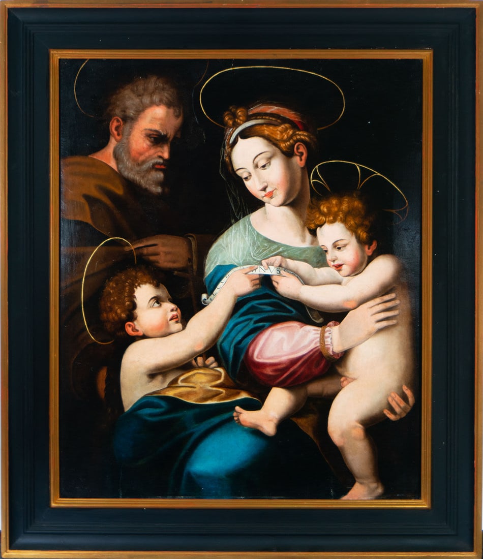 Holy Family with Jesus and Saint John, Italian school of the 16th century, Circle or follower of: Oil on board, framed measurements: 123 x 105, board measurements: 99 x 81 cm. Original version preserved in the Prado Museum