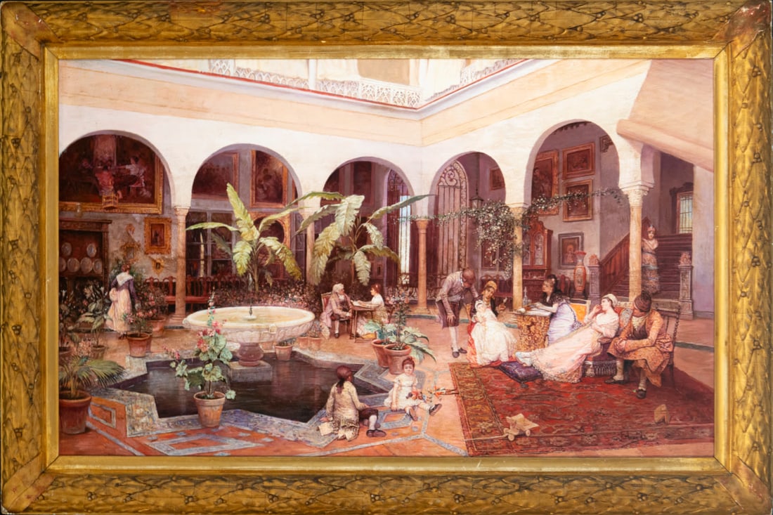 Jiménez Aranda (Seville, February 7, 1837 - Seville, May 6, 1903), signed, Interior of a courtyard: Oil on canvas. Signed lower right: J. Aranda. Unframed dimensions: 91 x 56 cm. Framed dimensions: 107 x 72 cm.