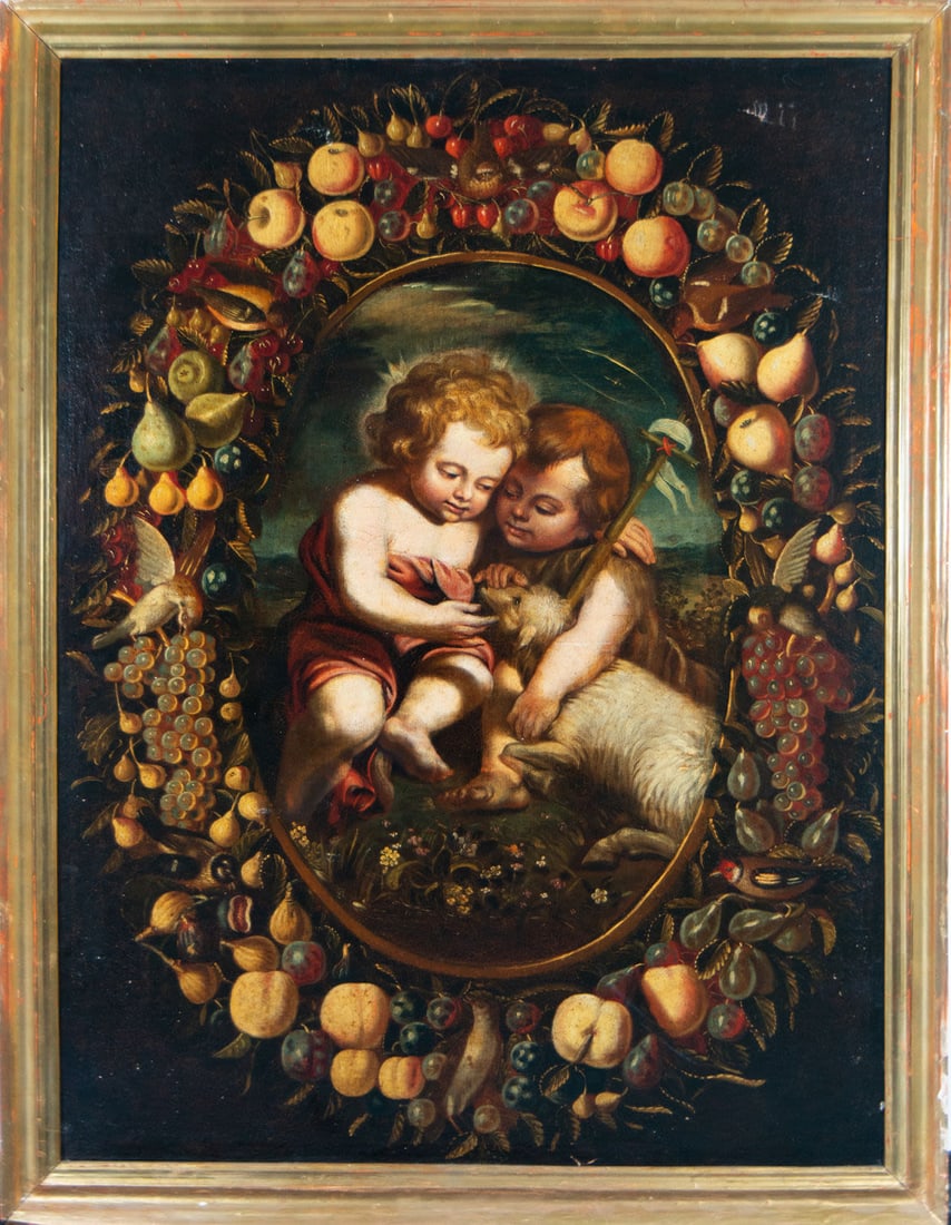 Child Jesus with Saint John in Orla de Frutas, Italian school of the 17th century: Oil on canvas, framed measurements: 119 x 90 cm. Canvas measures: 109 x 80 cm