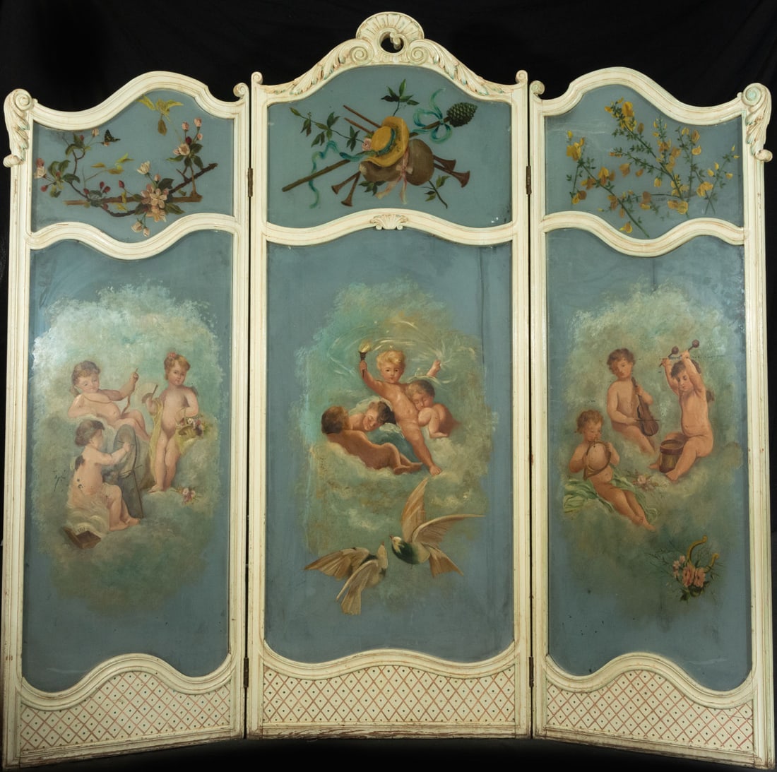French Screen in Wood and Painted Glass in Napoleon III style, France, 19th century: Each panel with Cherubs motifs representing the allegory of Music. Closed measurements: 175 x 50 x 11. Open measurements: 175 x 188 x 11 cm
