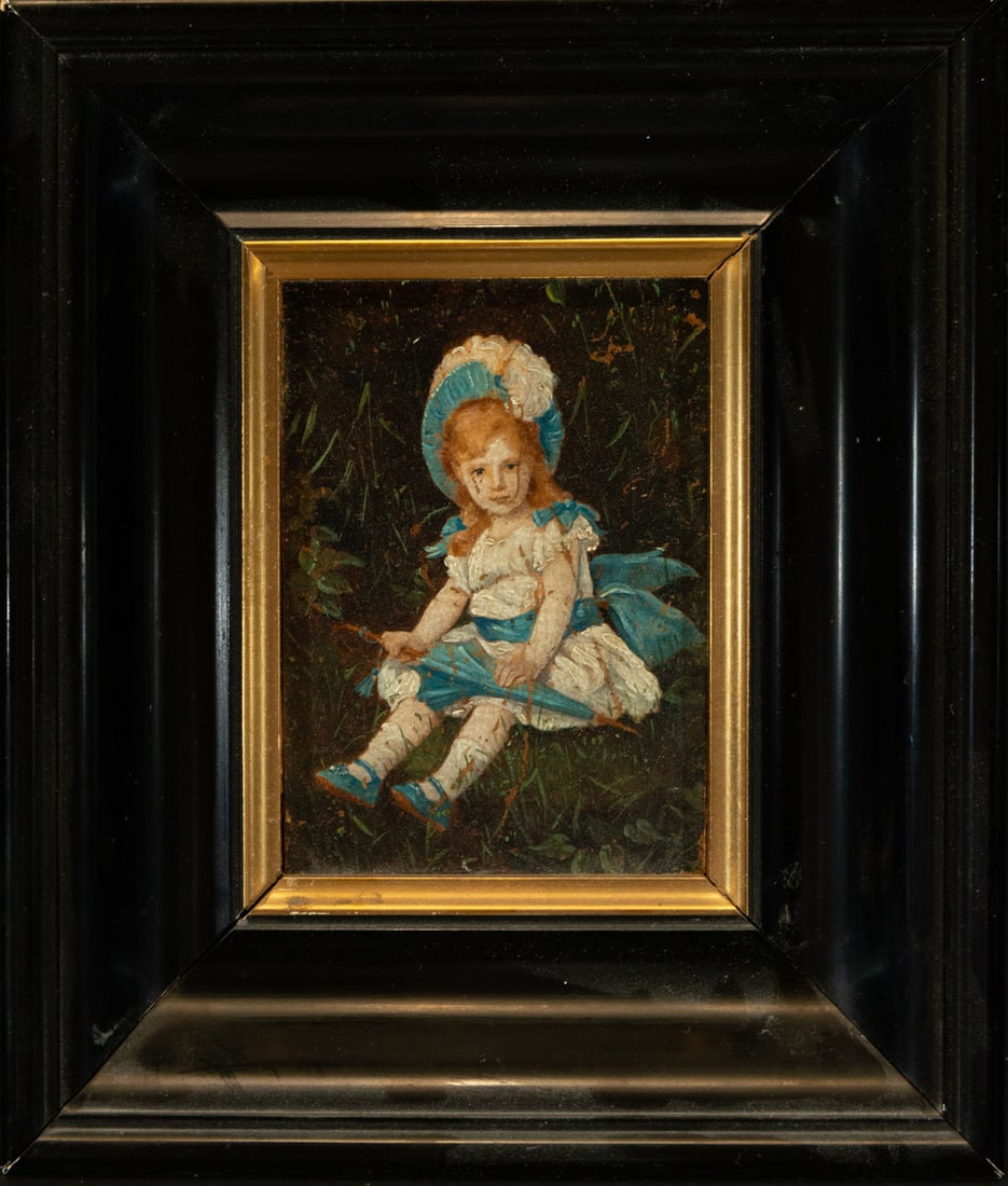 Seated Girl, 19th century Spanish school: Oil on canvas, 14 x 10 cm, framed measurements: 24 x 21 cm