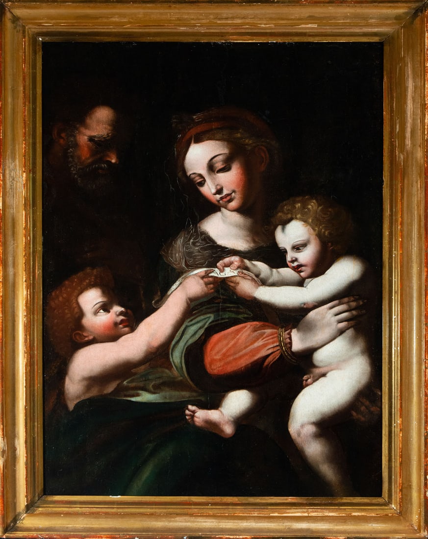 Disciple or Follower of Raphael Sanzio, Madonna with Enfant Jesus and Saint John On panel, Italian: Oil on table. Measures: 101 x 71 cm, framed measures: 117 x 86 cm