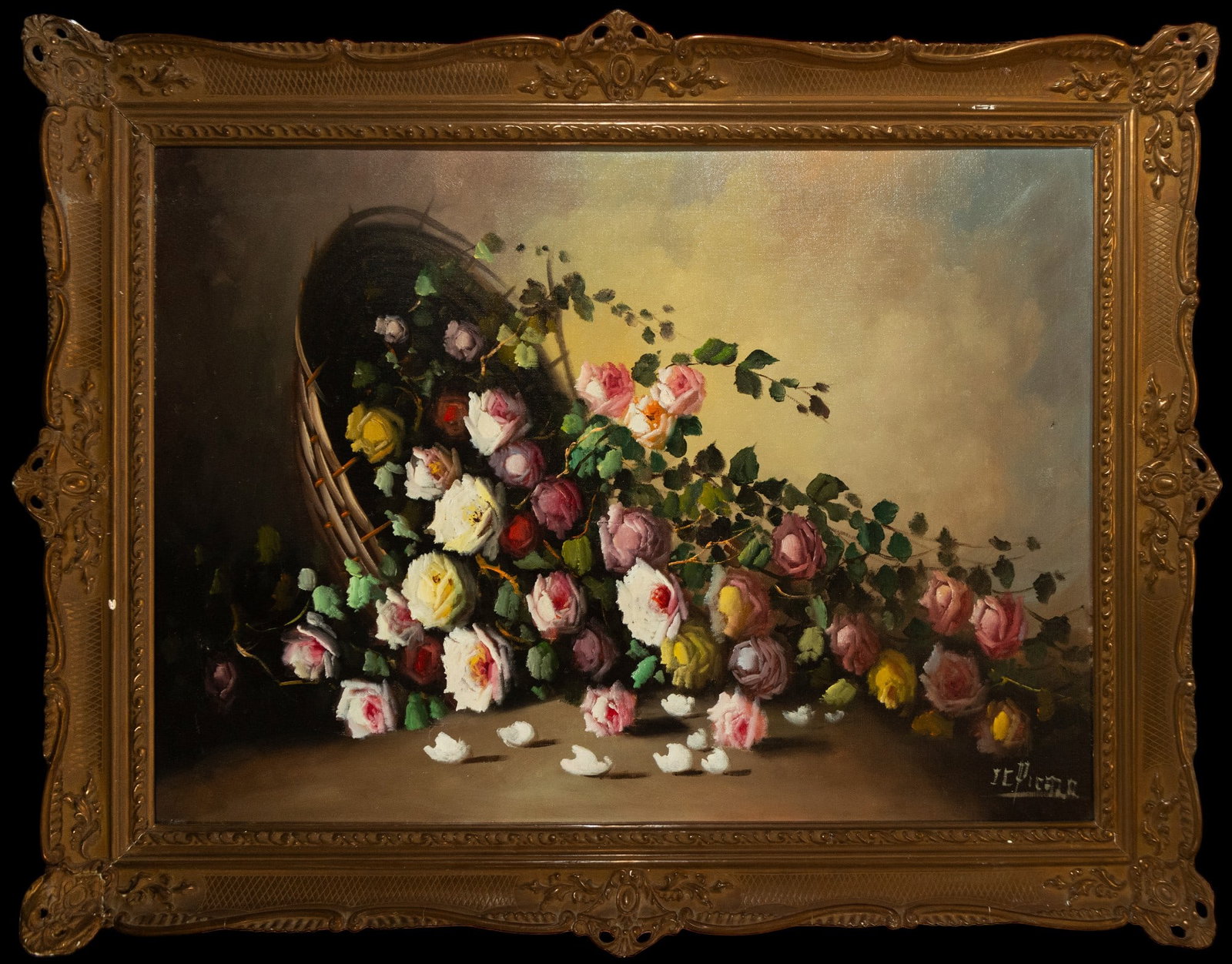Still life with a basket of flowers from the 20th century, signed in the lower left corner: Measurements: 92 cm x 65 cm and 102 cm x 85 cm