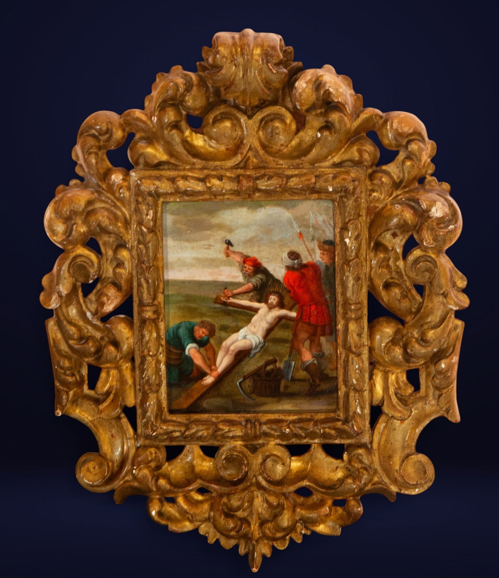 The Crucifixion, 17th century, Flemish, with cornucopia frame: Oil on canvas. Measurements: 16 cm x 14 cm and 40 cm x 31 cm