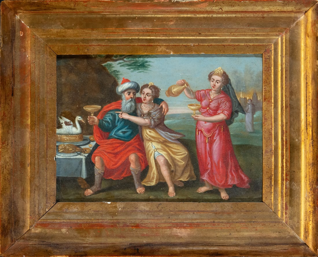 The Banquet of King Solomon, oil on copper, 18th century Flemish school: Copper measures: 22 x 16, framed: 33 x 27 cm