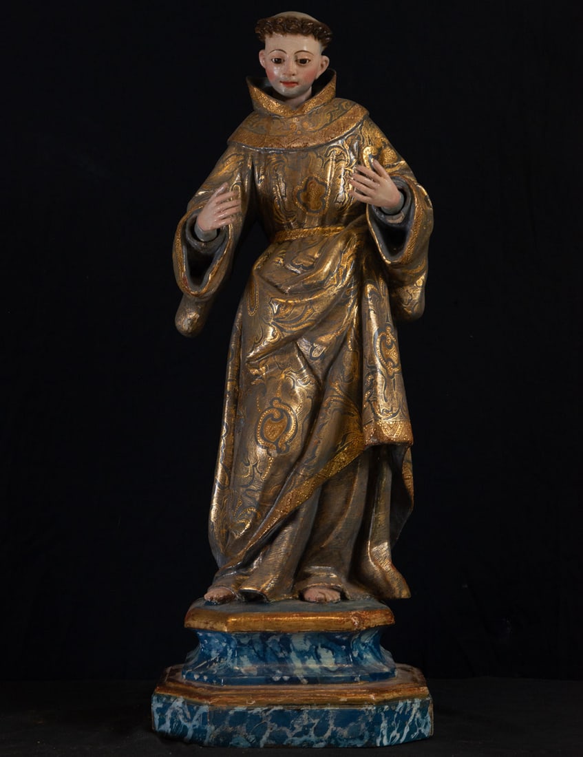Large St Anthony in wood, New Spanish colonial work from the end of the 17th century: Measurements: 76 x 30 x 27 cm