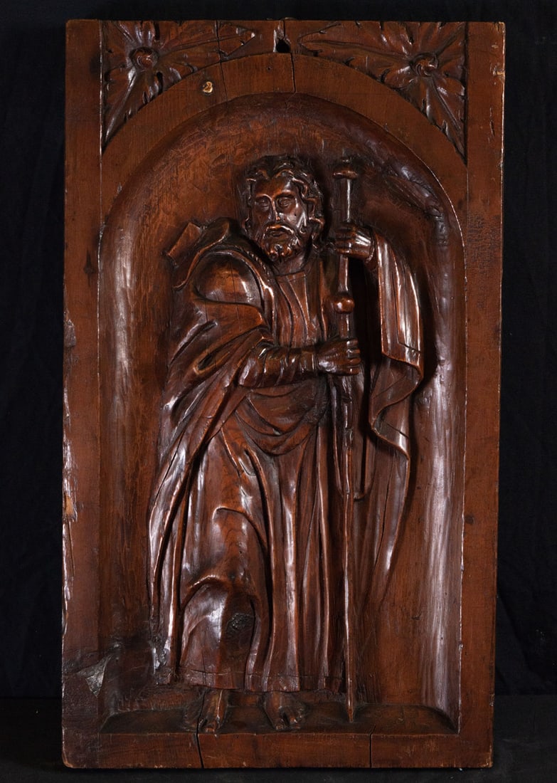 Altar Door with Santiago Pilgrim Apostle in relief, 16th century: Measurements: 76 x 45 x 4 cm