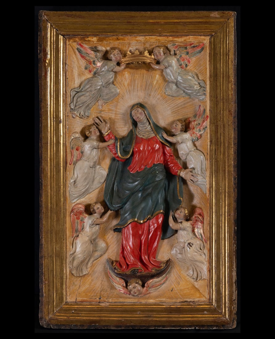 New Spanish relief of the Coronation of the Virgin, 18th century: Measurements: 79 x 49 x 8 cm in total