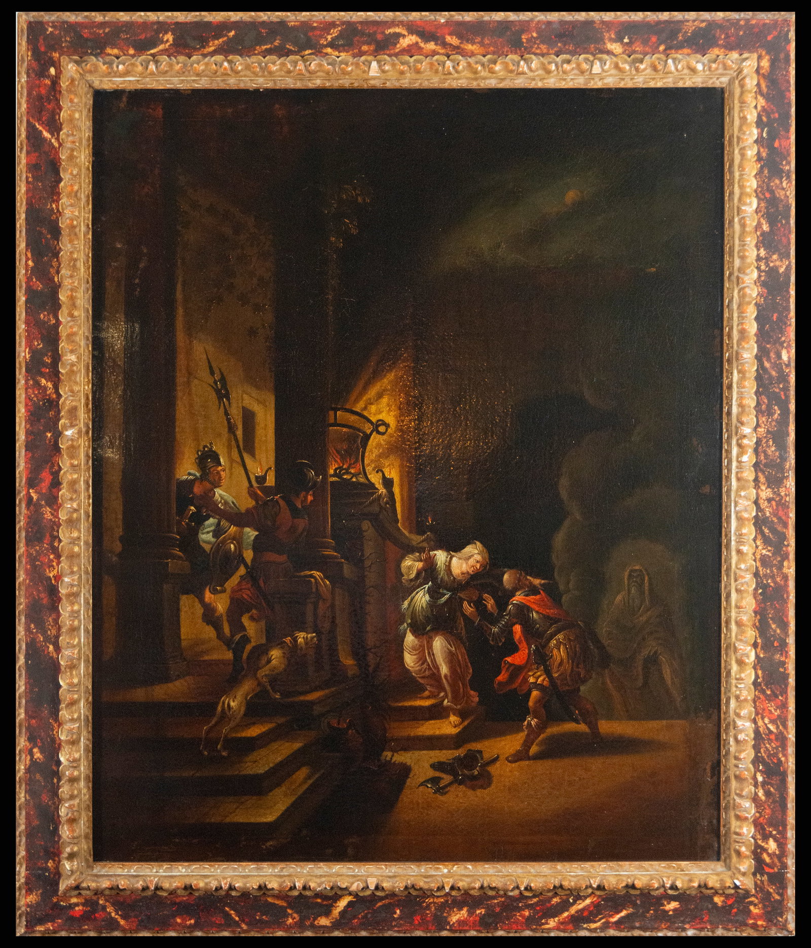 The Denial of Saint Peter, Flemish School, 17th Century: Oil painting depicting the Denial of Saint Peter, a work full of drama and symbolism. The technique used, with an exquisite handling of chiaroscuro, is characteristic of the 17th-century Flemish schoo