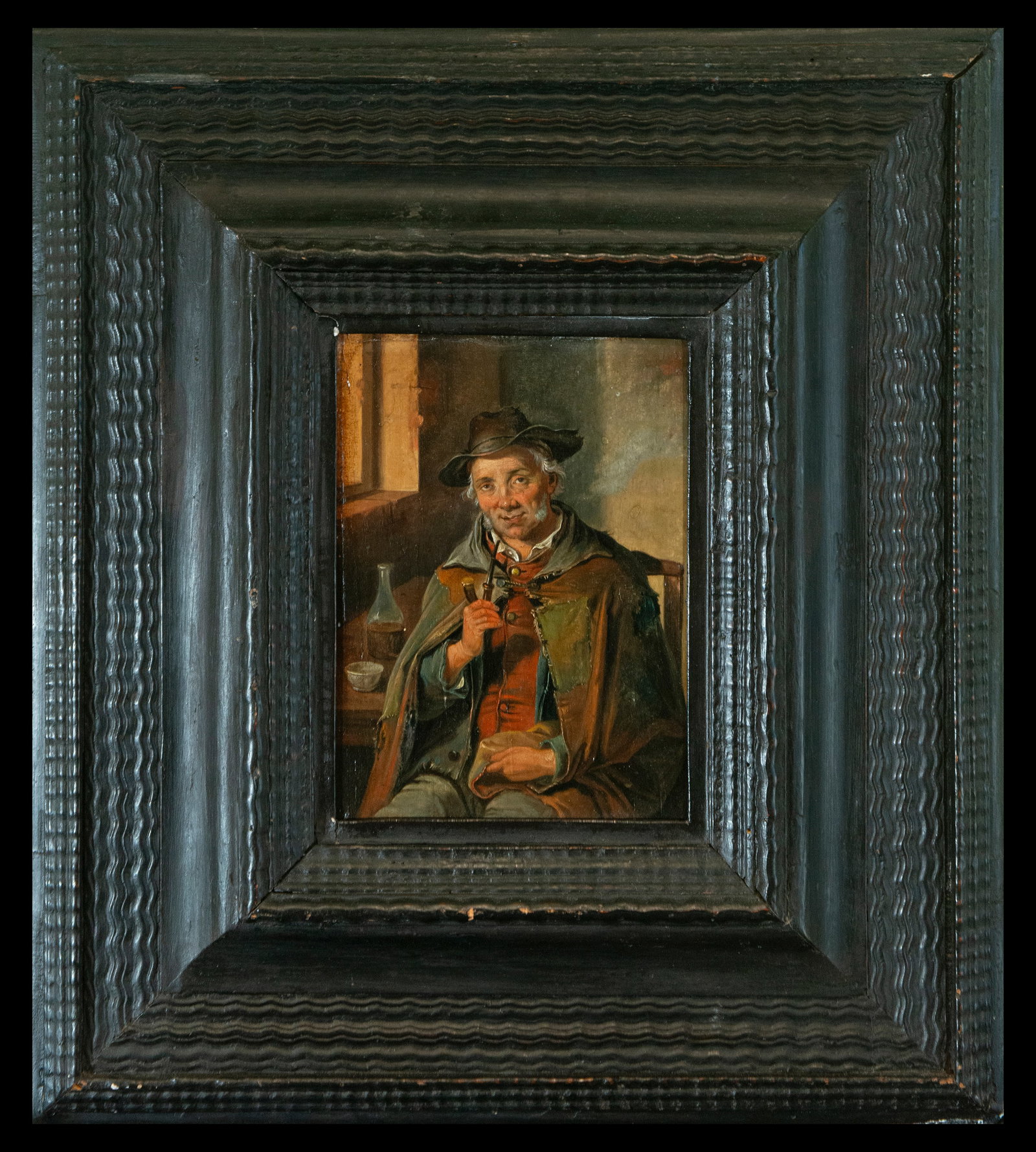 Portrait of a Man with a Pipe, Adriaen Van Ostade (1610-1685), Flemish School - 17th Century: report by Don Enrique Valdivieso is attached. This oil on panel portrait depicts an elderly man seated with a pipe, immortalized in a moment of quiet reflection. The details in his face and serene exp