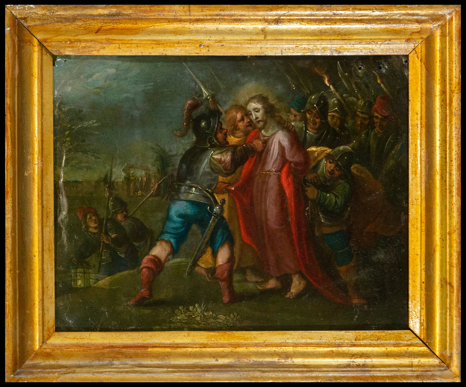 The Arrest of Christ, Spanish School, 17th Century: The Arrest of Christ is depicted in this dramatic scene, captured in oil on canvas. The work, which belongs to the 17th-century Spanish School, shows Christ being arrested in the Garden of Gethsemane.