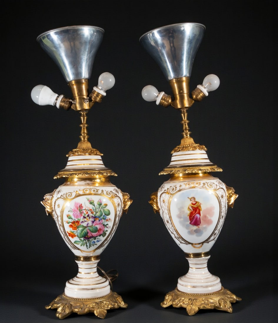 Pair of porcelain vases transformed into lamps, 19th century: Vase dimensions: 48 x 25 x 18 cm. Total dimensions: 76 x 25 cm.
