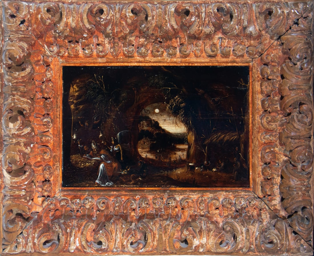 Landscape with Saint Nicholas Reading, Flemish school of the 16th - 17th century: Oil on board, framed measurements: 94 x 71 cm. Canvas measures: 39 x 37 cm